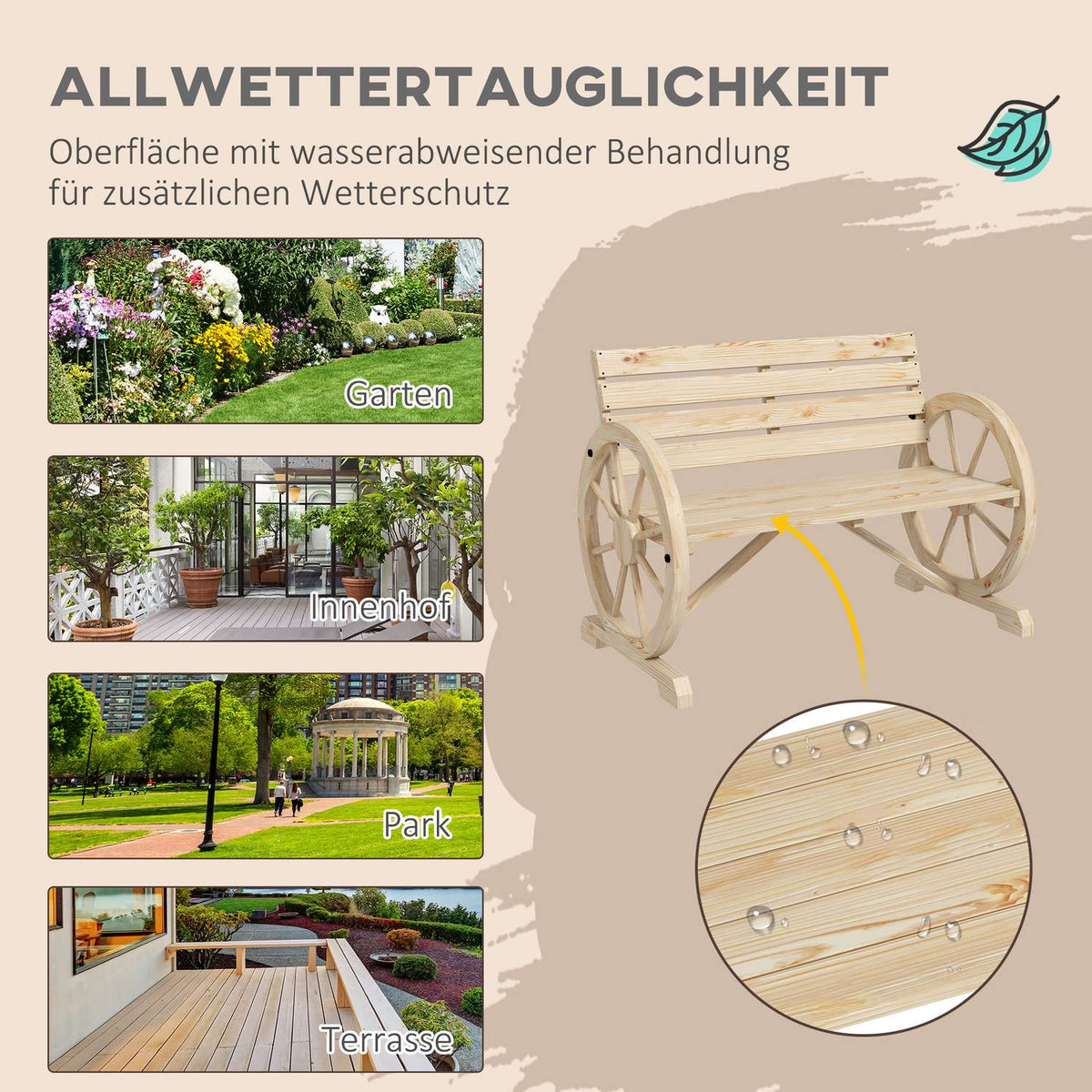 Garden Bench 2-Seater Wooden Bench Park Bench In Wagon Wheel Design, Bench With Armrest In Country House Style, Can Hold Up To 240 Kg, Natural Fir Wood