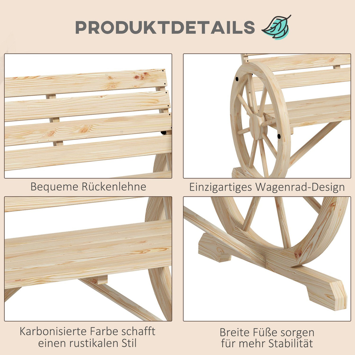 Garden Bench 2-Seater Wooden Bench Park Bench In Wagon Wheel Design, Bench With Armrest In Country House Style, Can Hold Up To 240 Kg, Natural Fir Wood