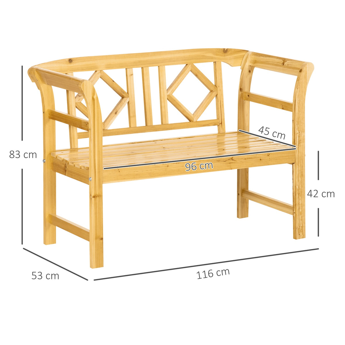 Garden Bench, 2-Seater Wooden Bench With Backrest, Weather-Resistant Park Bench In Country House Style, Patio Bench Max. 240 Kg, Natural, 116 X 53 X 83 Cm