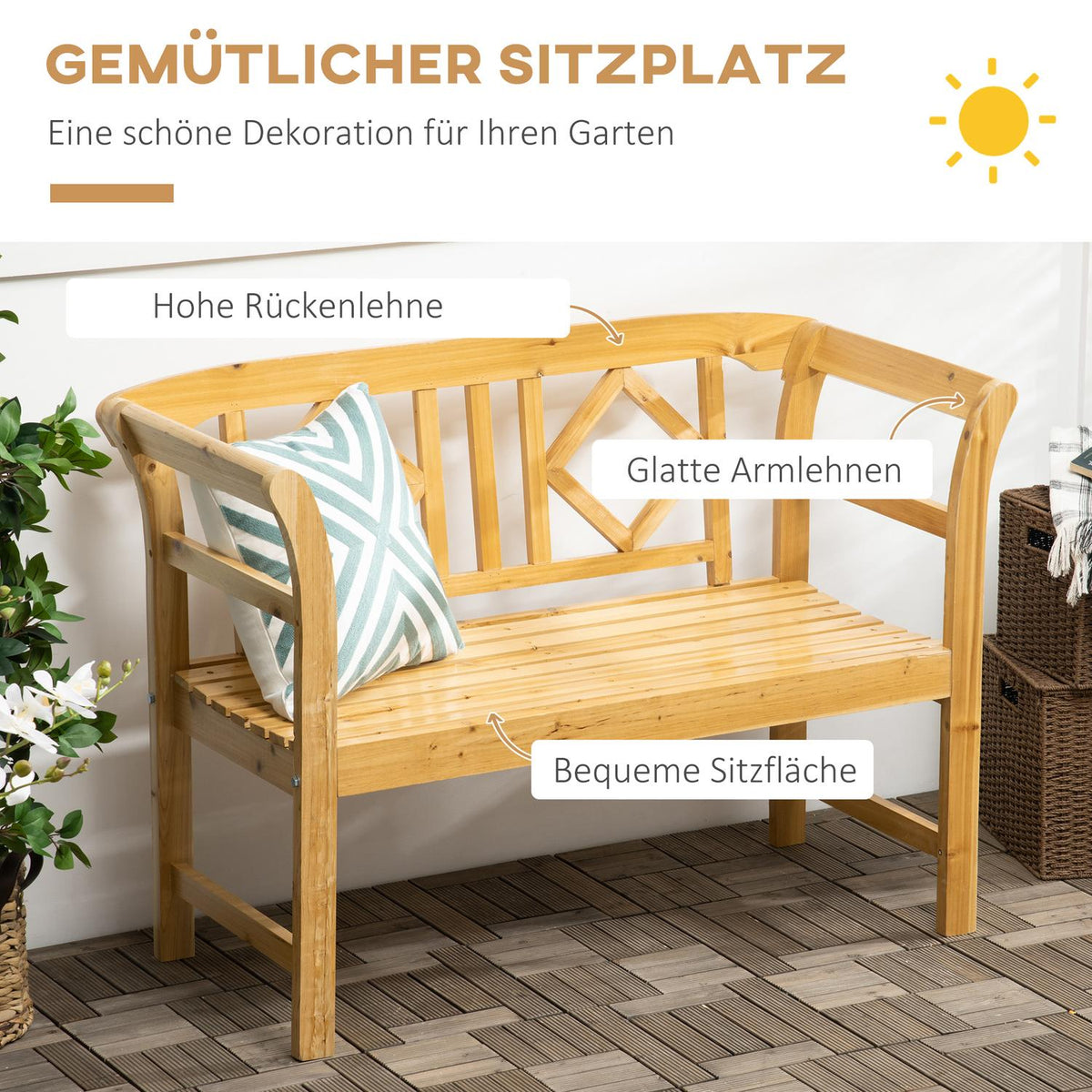 Garden Bench, 2-Seater Wooden Bench With Backrest, Weather-Resistant Park Bench In Country House Style, Patio Bench Max. 240 Kg, Natural, 116 X 53 X 83 Cm