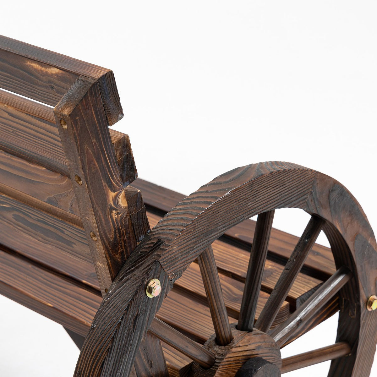 Garden Bench 2-Seater Wooden Bench With Wagon Wheel Armrests In Country House Style, Fir Wood, Brown, 105.5X56X79Cm