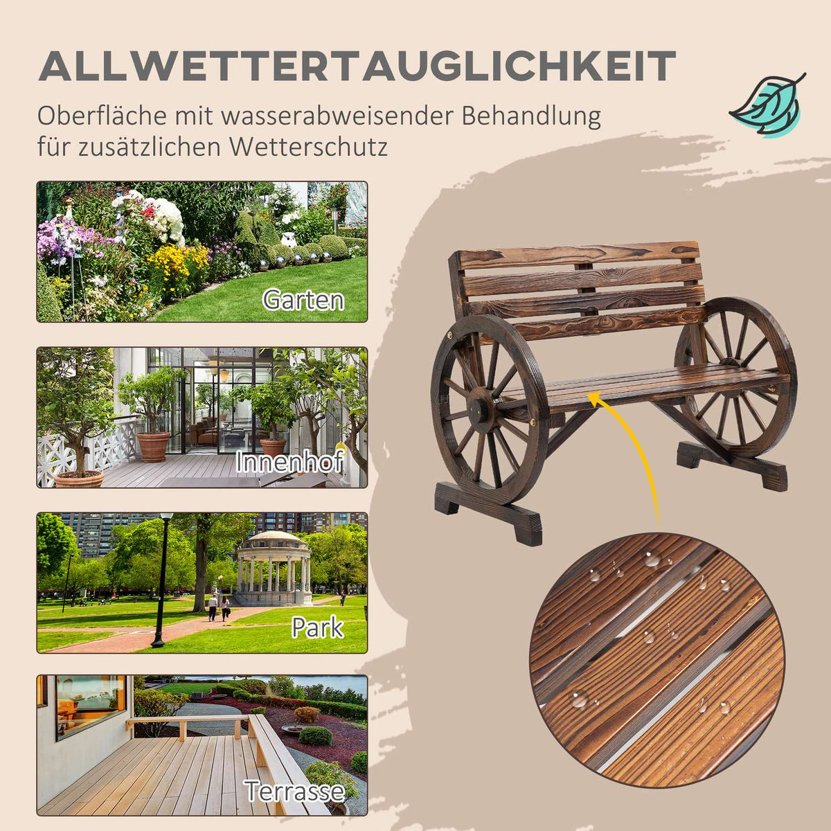 Garden Bench 2-Seater Wooden Bench With Wagon Wheel Armrests In Country House Style, Fir Wood, Brown, 105.5X56X79Cm
