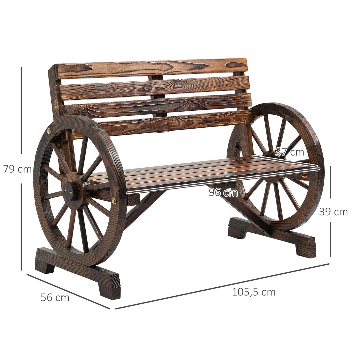Garden Bench 2-Seater Wooden Bench With Wagon Wheel Armrests In Country House Style, Fir Wood, Brown, 105.5X56X79Cm