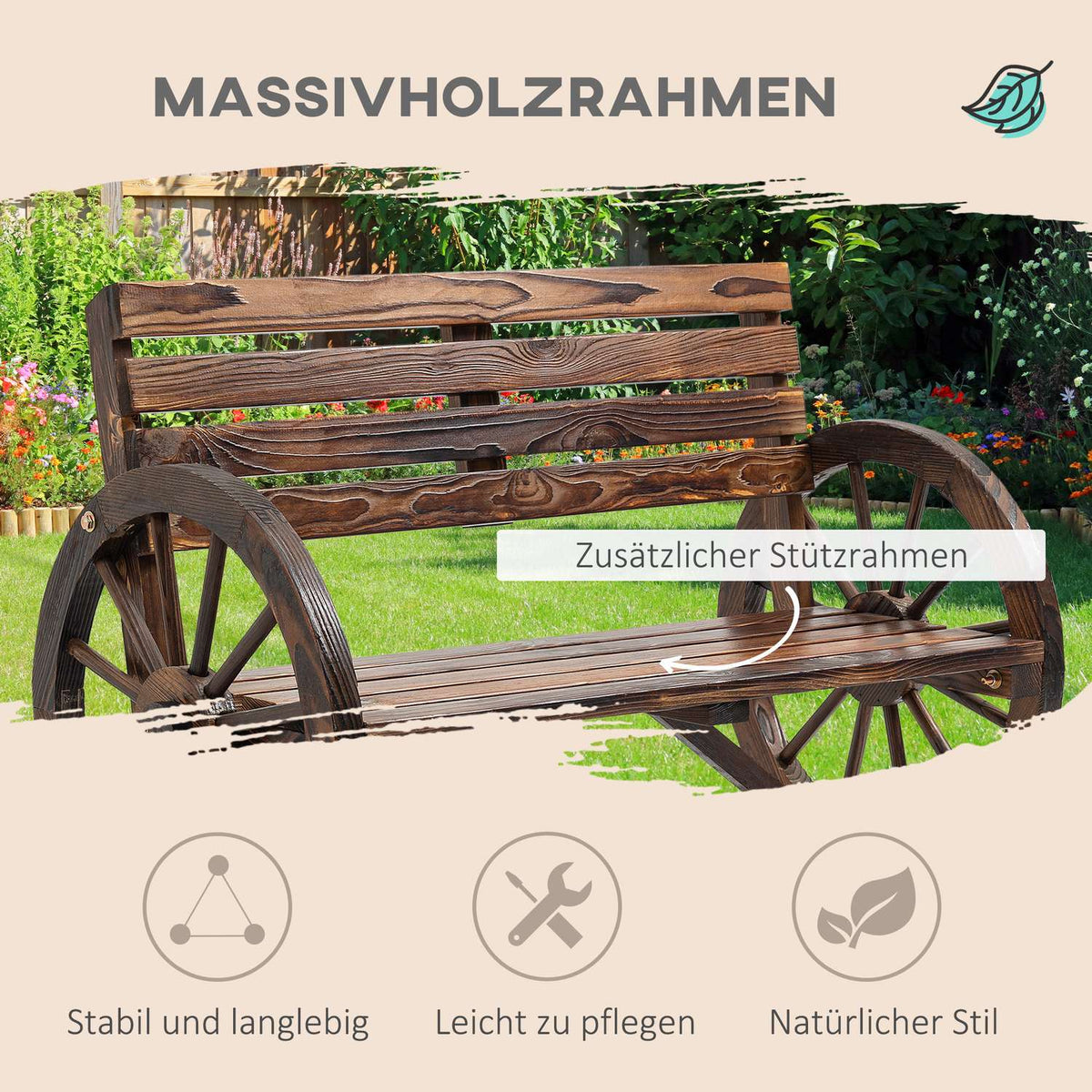 Garden Bench 2-Seater Wooden Bench With Wagon Wheel Armrests In Country House Style, Fir Wood, Brown, 105.5X56X79Cm