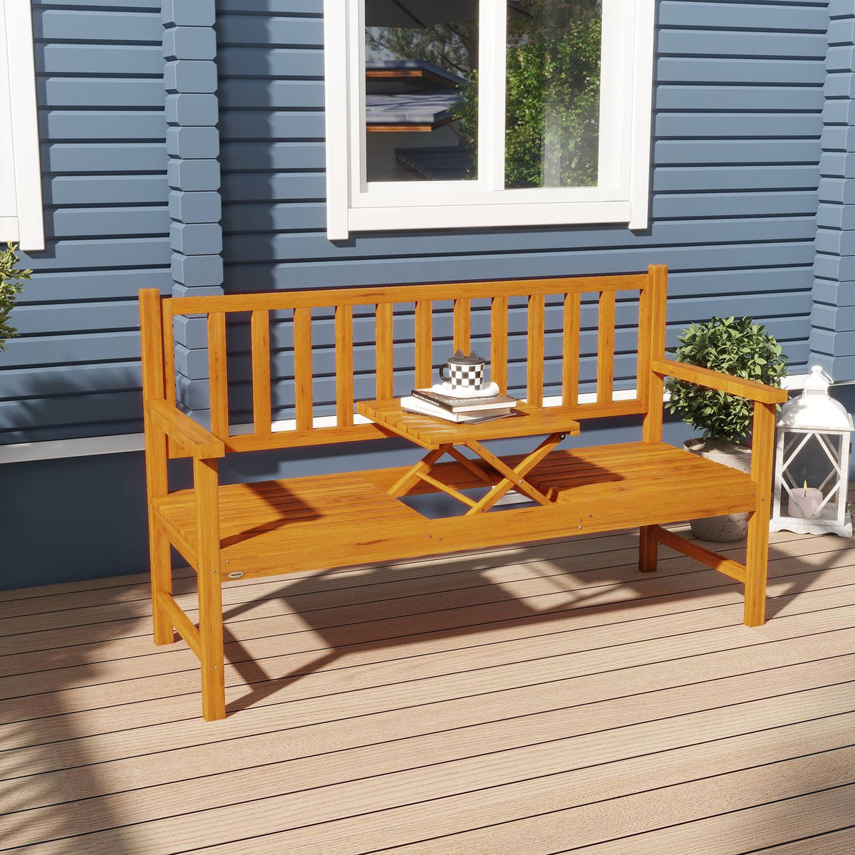 Garden Bench 3-Seater Bench Table Armrest Wooden Bench Up To 280Kg Balcony Patio Light Brown 153X56X91Cm