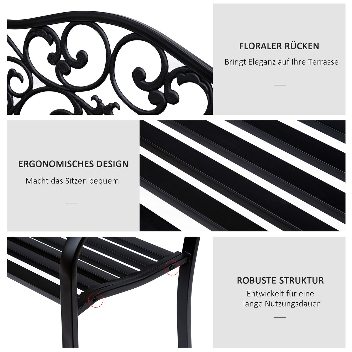 Garden Bench 3-Seater Steel Bench with Armrests Made of Cast Iron Black 127x60x89cm for Garden Patio Balcony