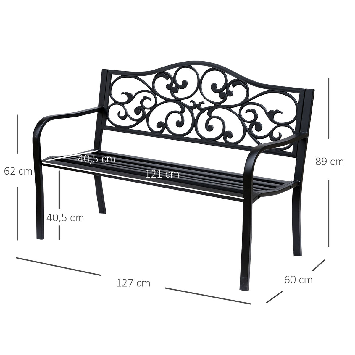 Garden Bench 3-Seater Steel Bench with Armrests Made of Cast Iron Black 127x60x89cm for Garden Patio Balcony