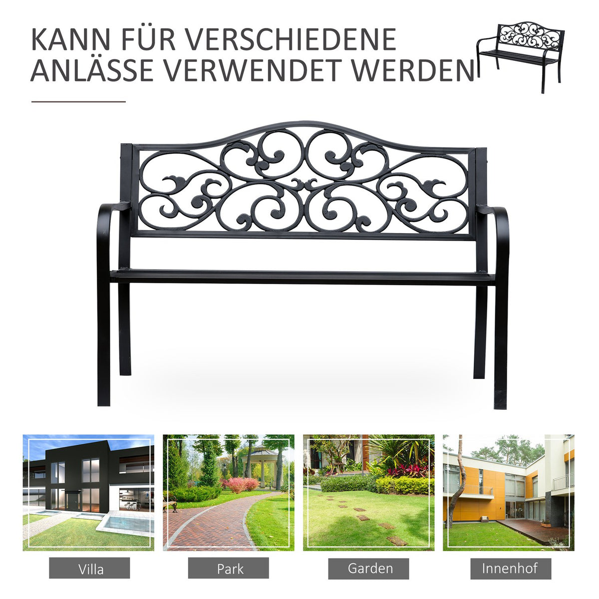 Garden Bench 3-Seater Steel Bench with Armrests Made of Cast Iron Black 127x60x89cm for Garden Patio Balcony