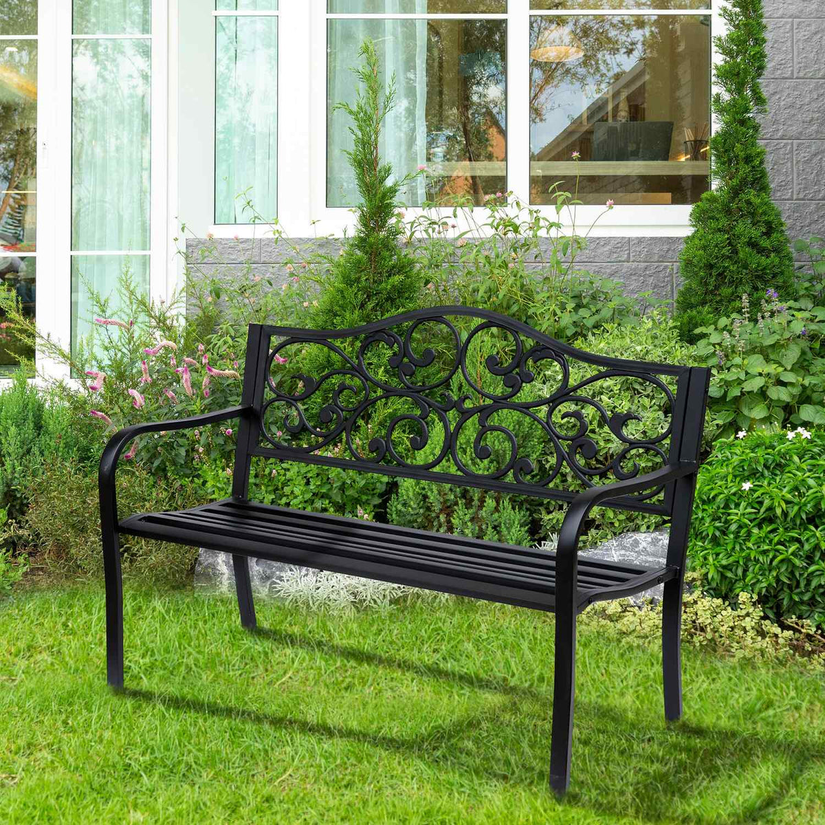 Garden Bench 3-Seater Steel Bench with Armrests Made of Cast Iron Black 127x60x89cm for Garden Patio Balcony