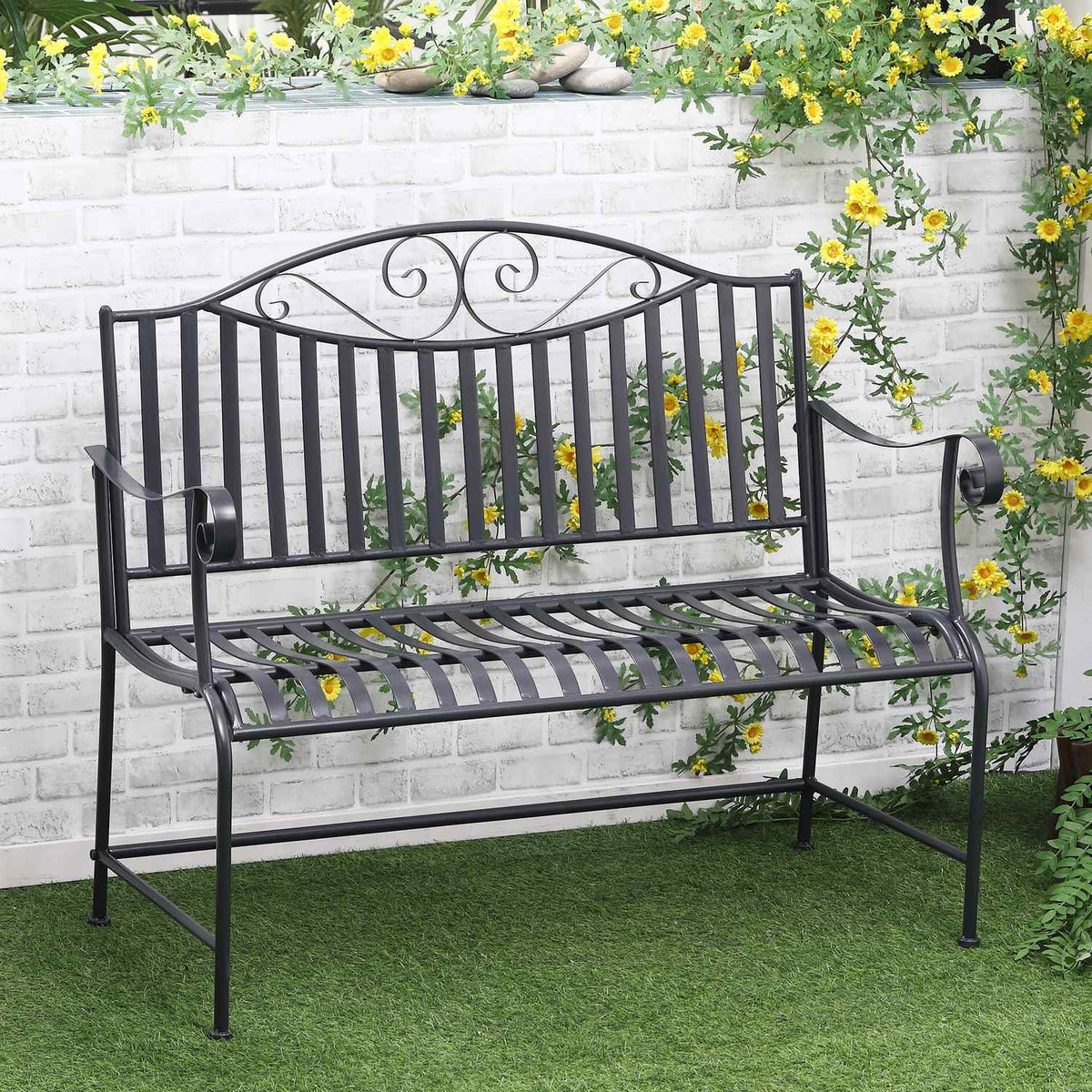 Garden Bench Bench For 2 People Park Bench Armrest Metal Bench Garden Balcony Patio Up To 220Kg Gray 155X54X96Cm