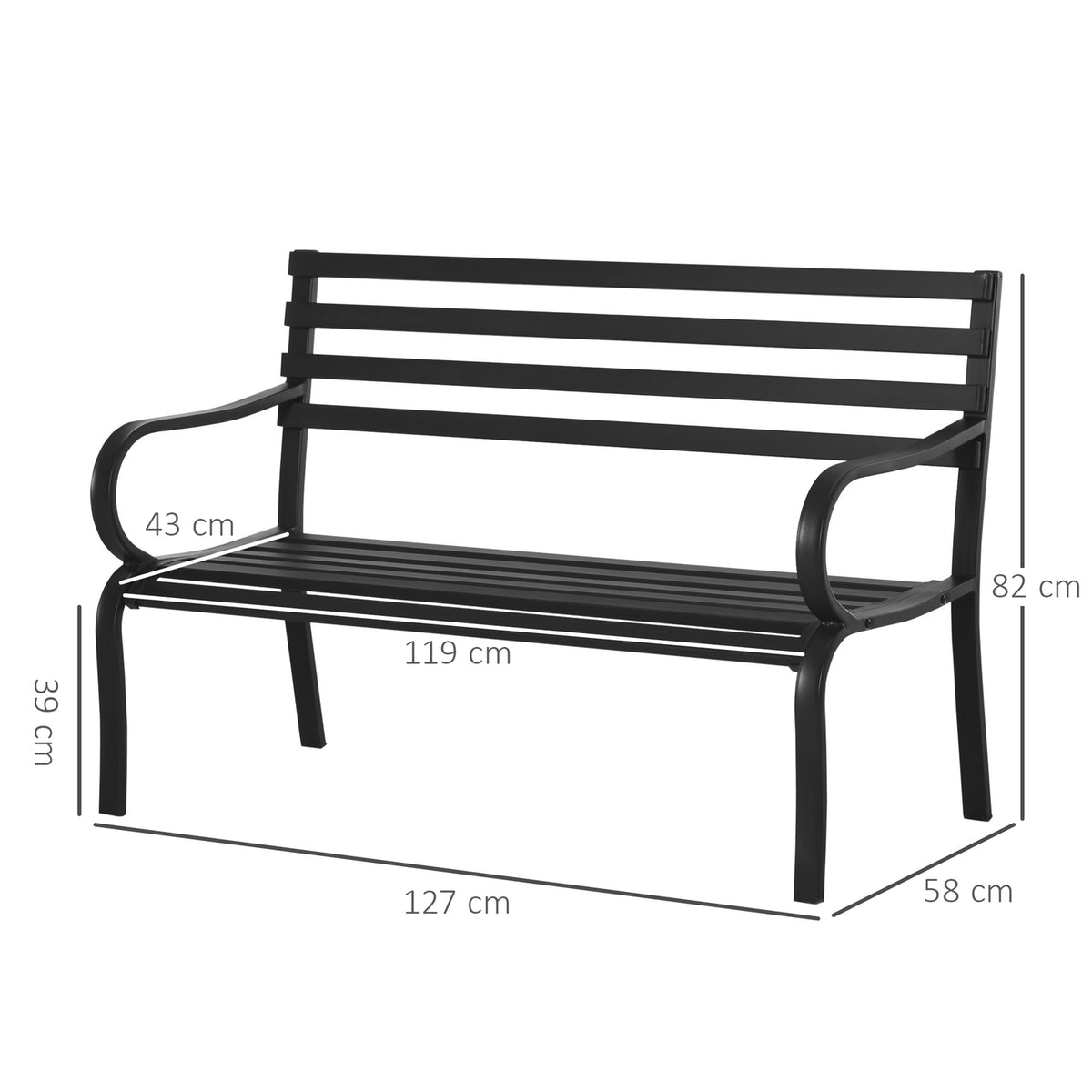 Garden Bench Bench Metal Garden Furniture 2-Seater Black 127 X 58 X 82 Cm