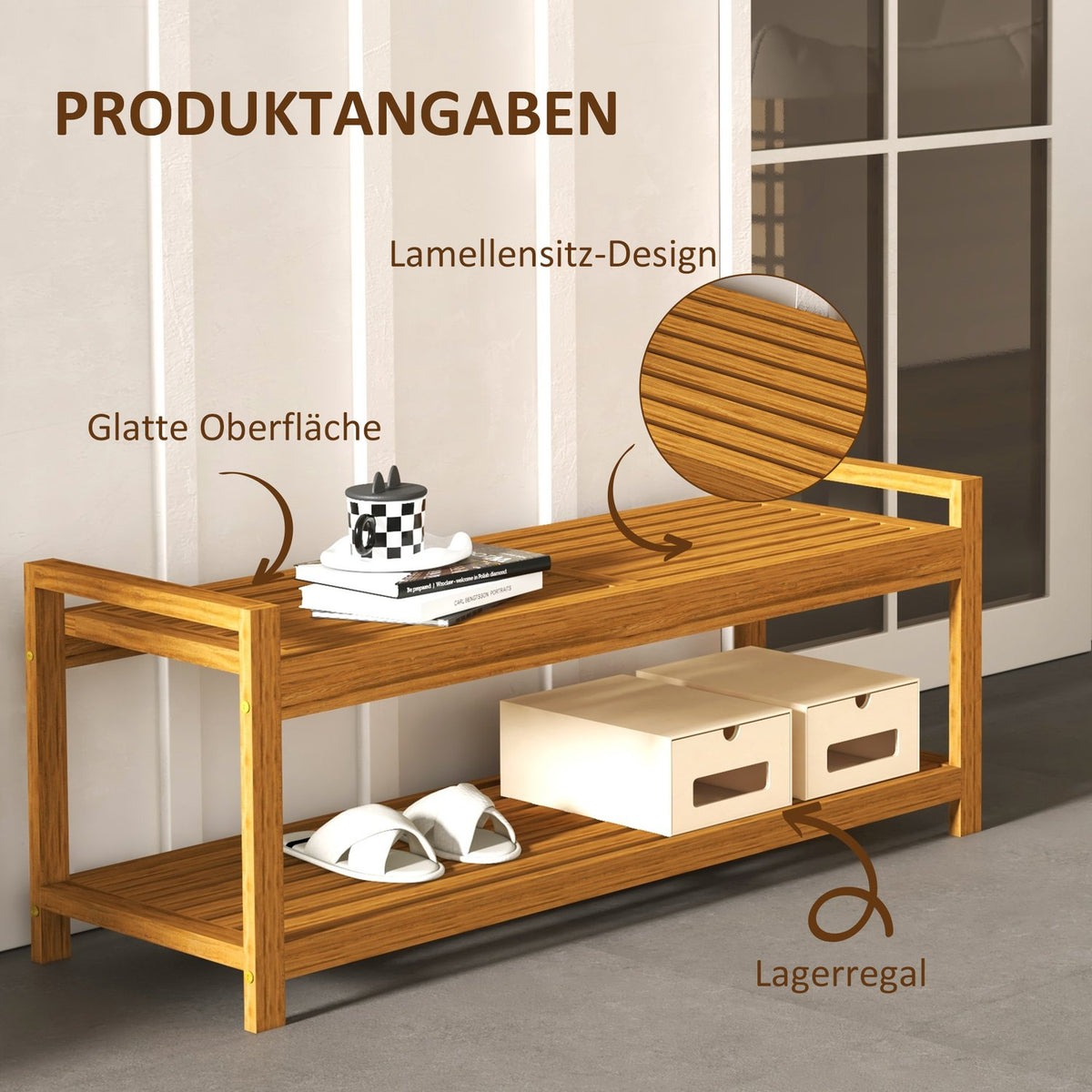 Garden Bench Bench With Armrest Wooden Bench With Shelf 2-Seater Park Bench For Balcony, Terrace, Load Capacity Up To 250 Kg, Teak, 118 X 40.5 X 46 Cm