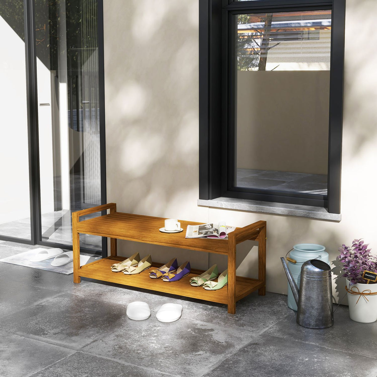 Garden Bench Bench With Armrest Wooden Bench With Shelf 2-Seater Park Bench For Balcony, Terrace, Load Capacity Up To 250 Kg, Teak, 118 X 40.5 X 46 Cm