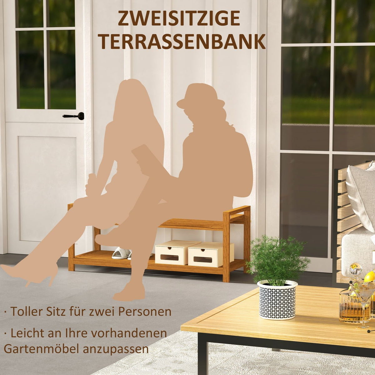 Garden Bench Bench With Armrest Wooden Bench With Shelf 2-Seater Park Bench For Balcony, Terrace, Load Capacity Up To 250 Kg, Teak, 118 X 40.5 X 46 Cm