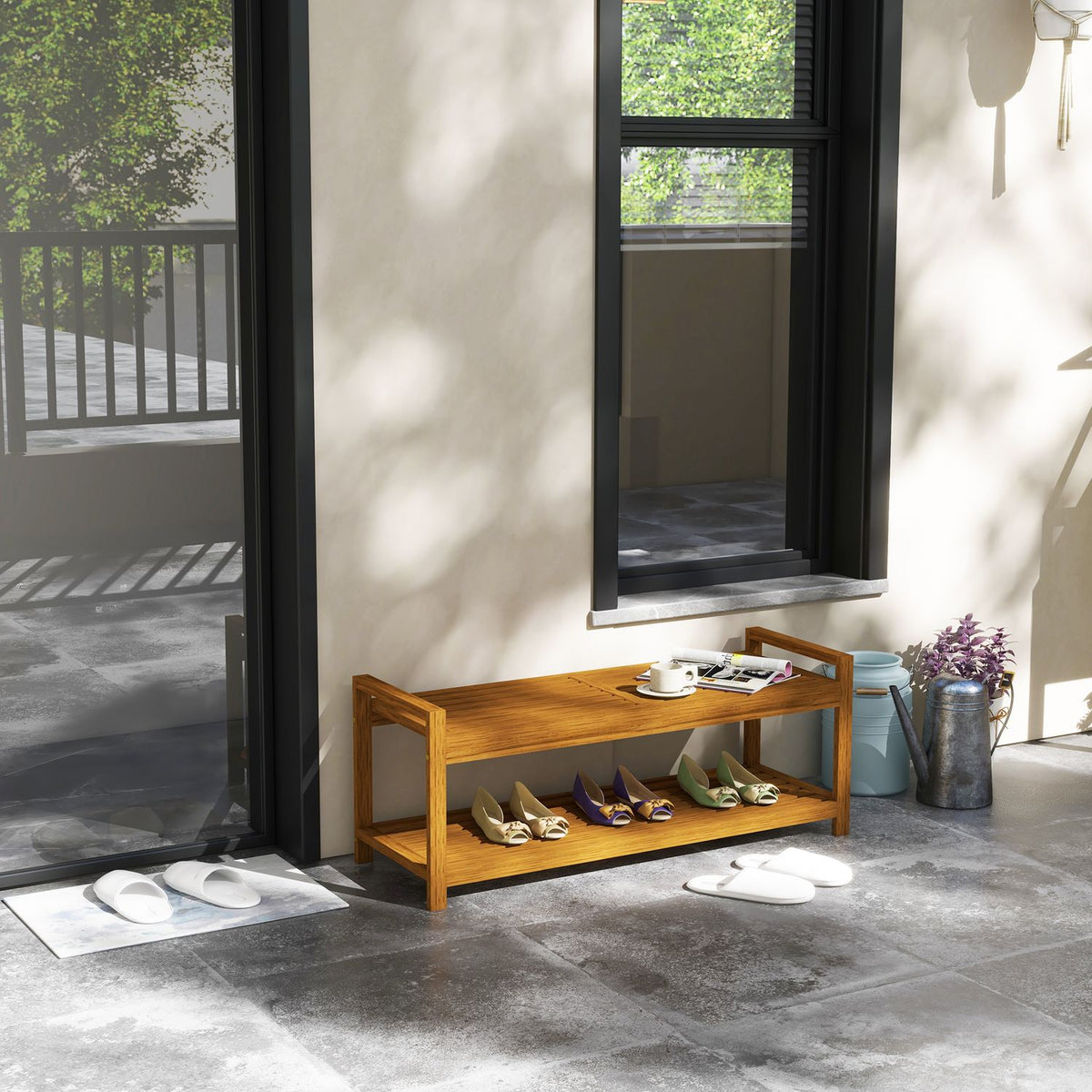 Garden Bench Bench With Armrest Wooden Bench With Shelf 2-Seater Park Bench For Balcony, Terrace, Load Capacity Up To 250 Kg, Teak, 118 X 40.5 X 46 Cm