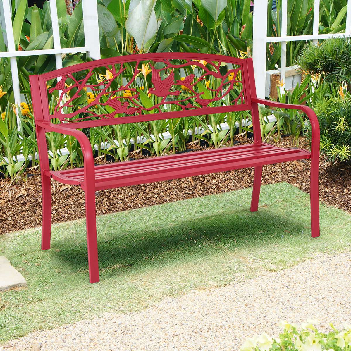 Garden Bench, Cast Iron Steel, 2-3 Seater, Red