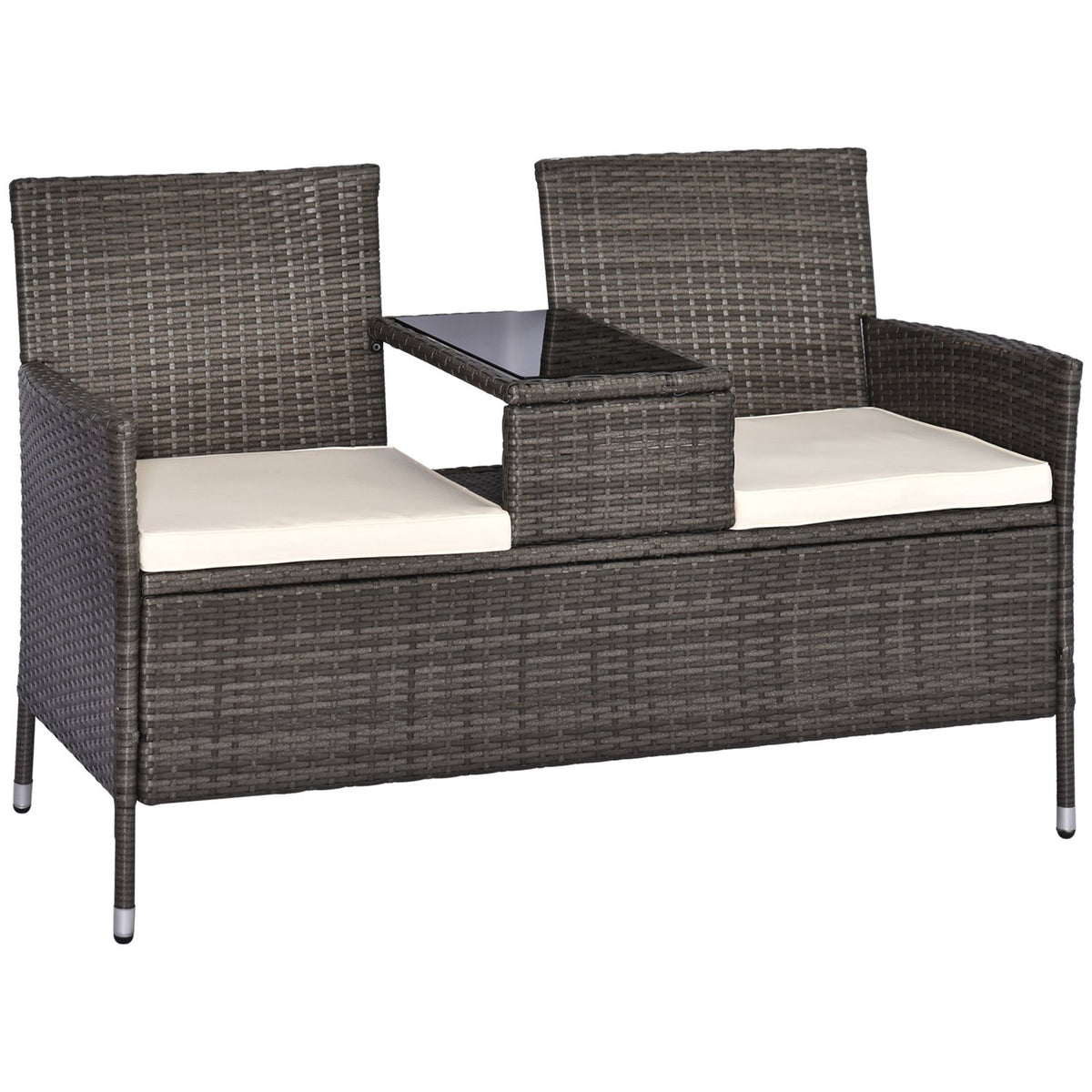 Garden Bench Made Of Polyrattan 2-Seater Bench With Integrated Table, Steel Frame, Gray, W133 X D63 X H84Cm