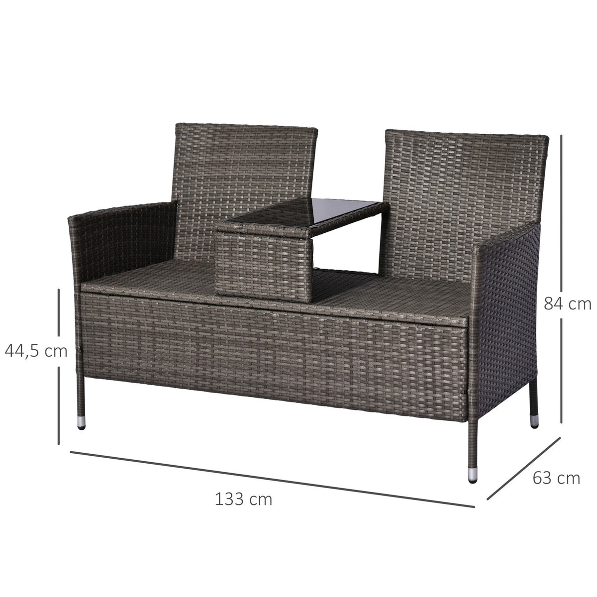 Garden Bench Made Of Polyrattan 2-Seater Bench With Integrated Table, Steel Frame, Gray, W133 X D63 X H84Cm