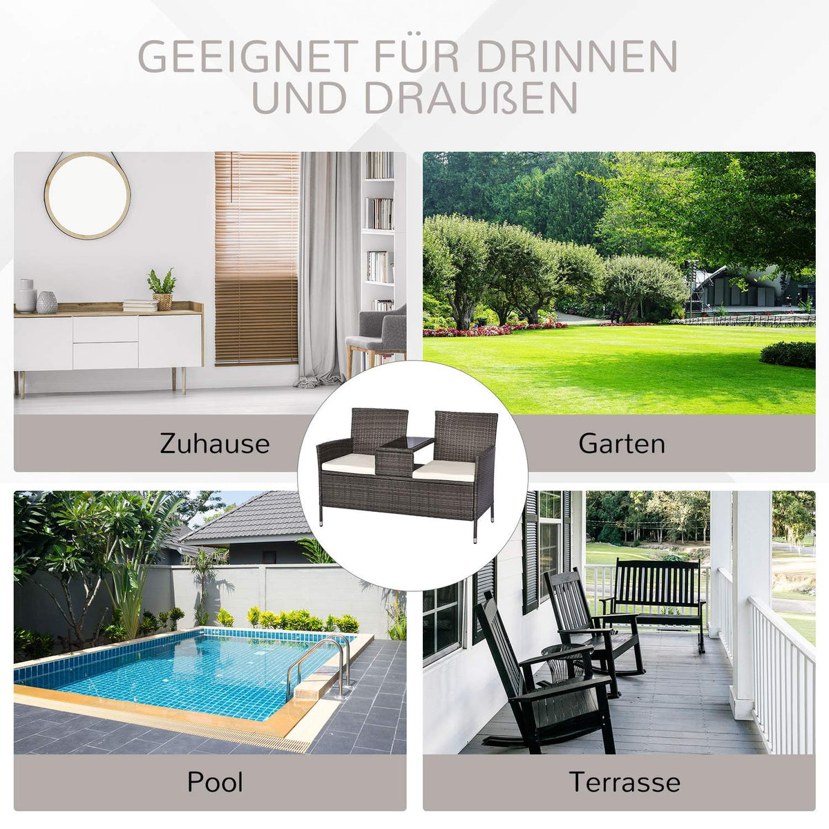 Garden Bench Made Of Polyrattan 2-Seater Bench With Integrated Table, Steel Frame, Gray, W133 X D63 X H84Cm