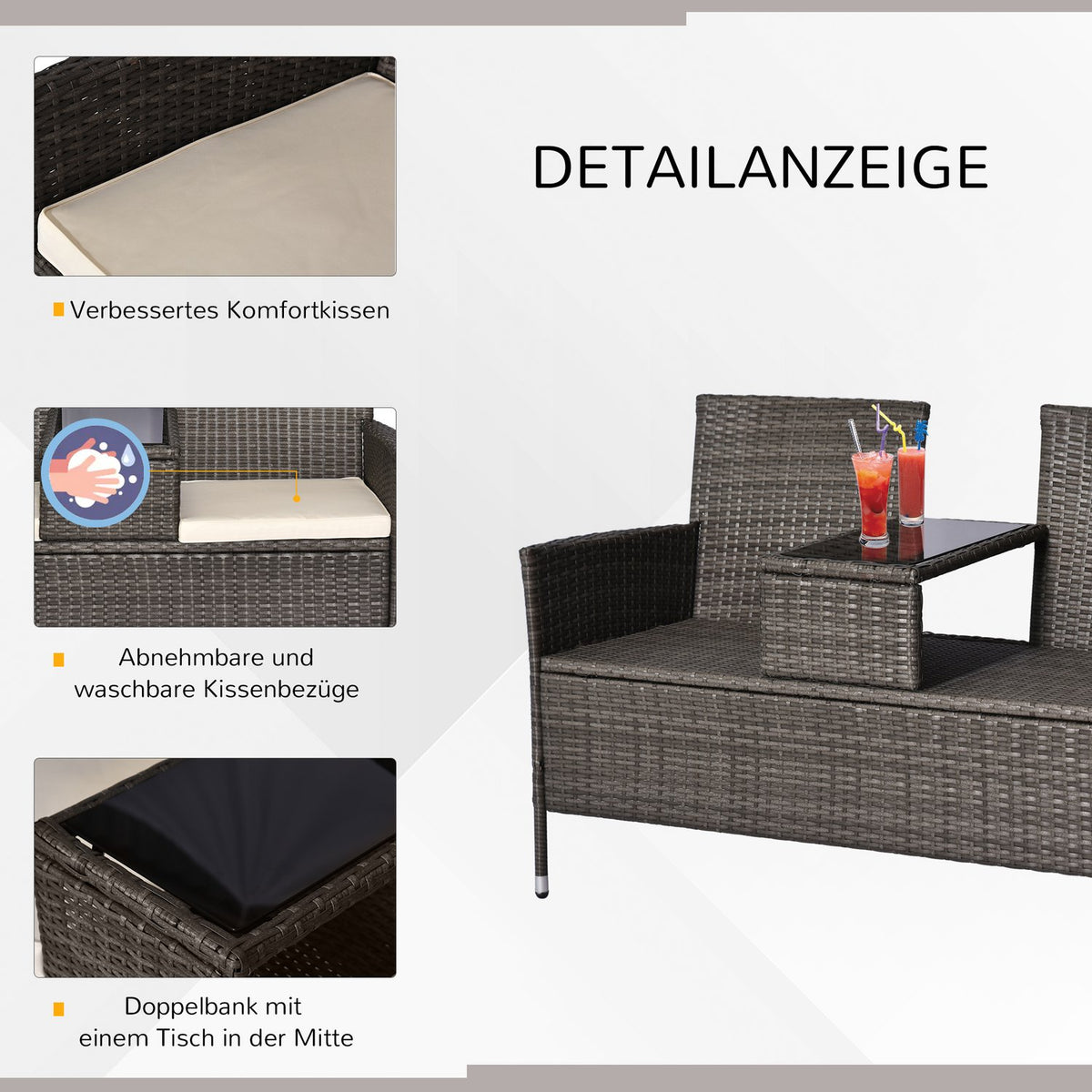 Garden Bench Made Of Polyrattan 2-Seater Bench With Integrated Table, Steel Frame, Gray, W133 X D63 X H84Cm