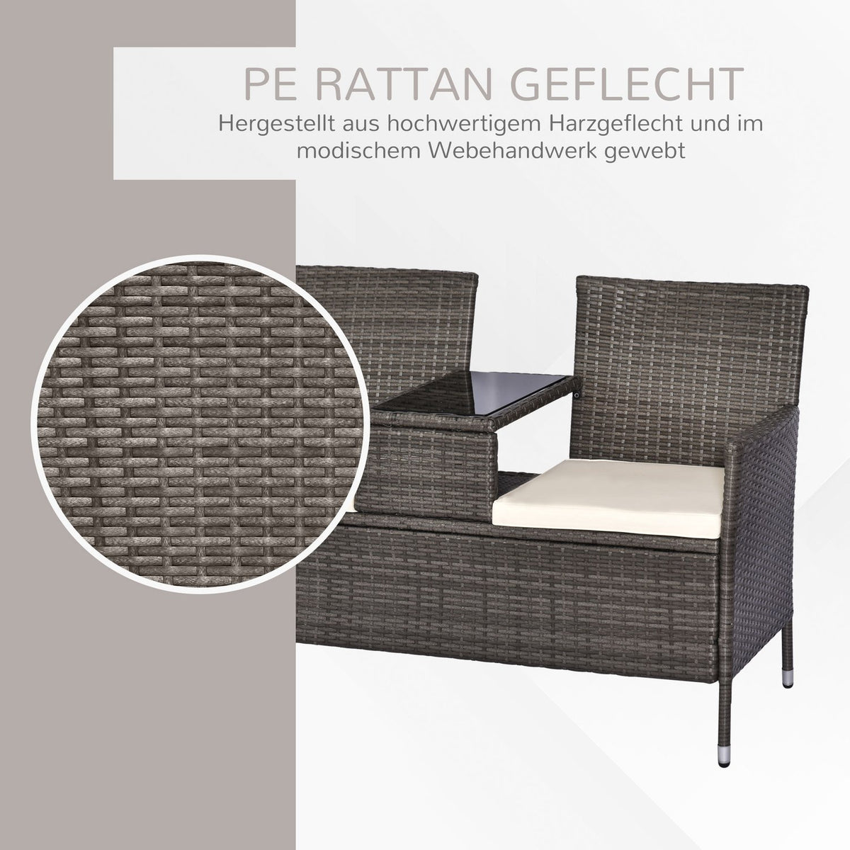 Garden Bench Made Of Polyrattan 2-Seater Bench With Integrated Table, Steel Frame, Gray, W133 X D63 X H84Cm