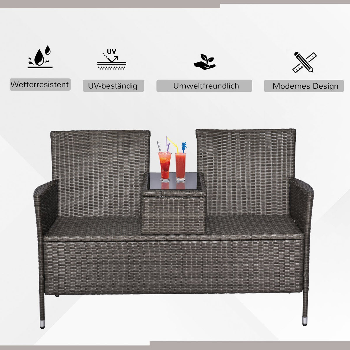 Garden Bench Made Of Polyrattan 2-Seater Bench With Integrated Table, Steel Frame, Gray, W133 X D63 X H84Cm