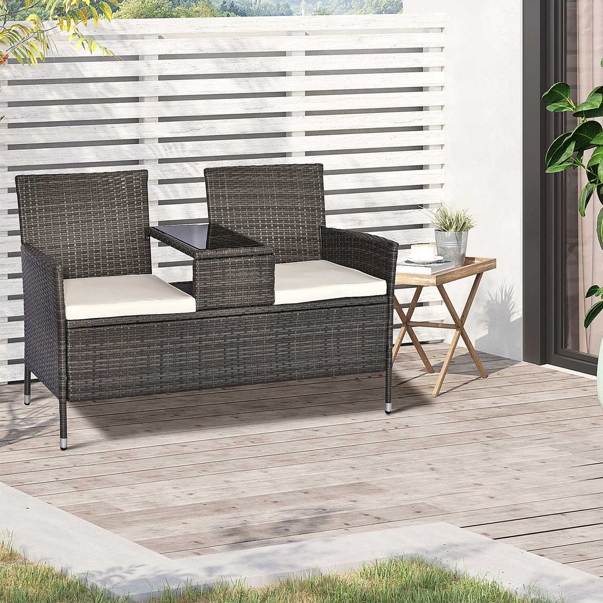 Garden Bench Made Of Polyrattan 2-Seater Bench With Integrated Table, Steel Frame, Gray, W133 X D63 X H84Cm