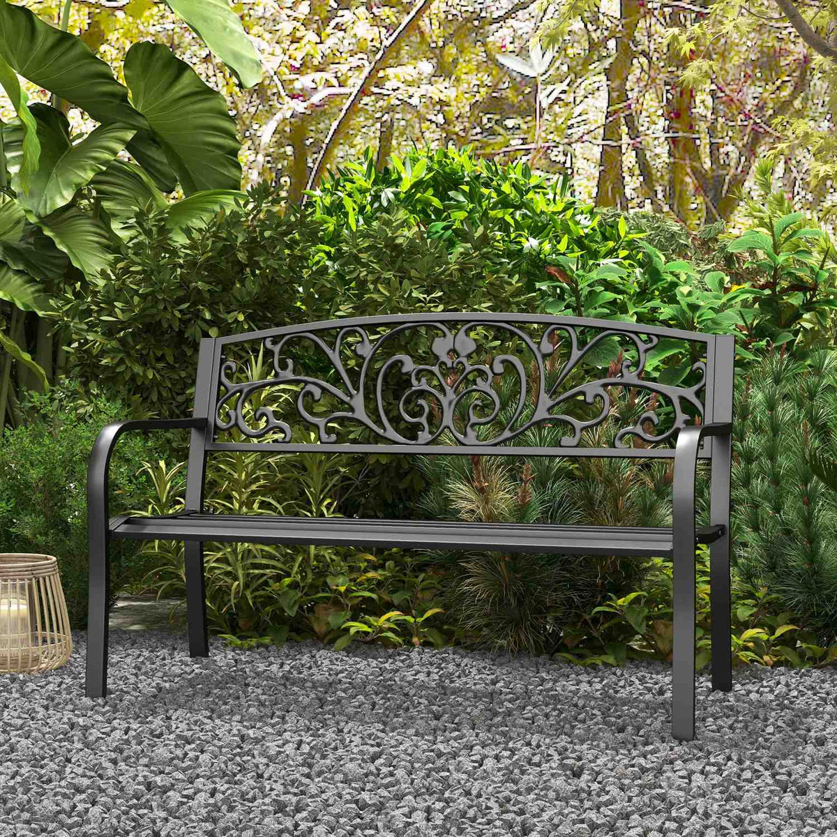 Garden Bench Metal 2-Seater Park Bench with Backrest and Armrest Weatherproof Load up to 250 kg for Balcony and Terrace Black