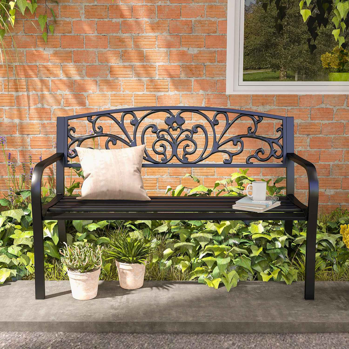 Garden Bench Metal 2-Seater Park Bench with Backrest and Armrest Weatherproof Load up to 250 kg for Balcony and Terrace Black