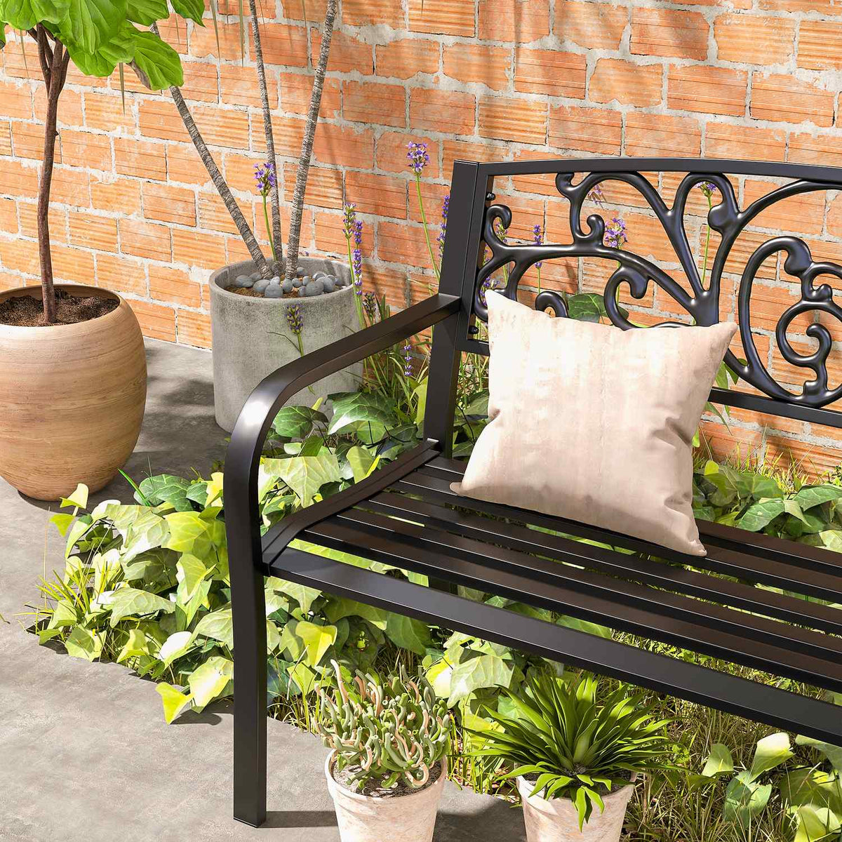 Garden Bench Metal 2-Seater Park Bench with Backrest and Armrest Weatherproof Load up to 250 kg for Balcony and Terrace Black