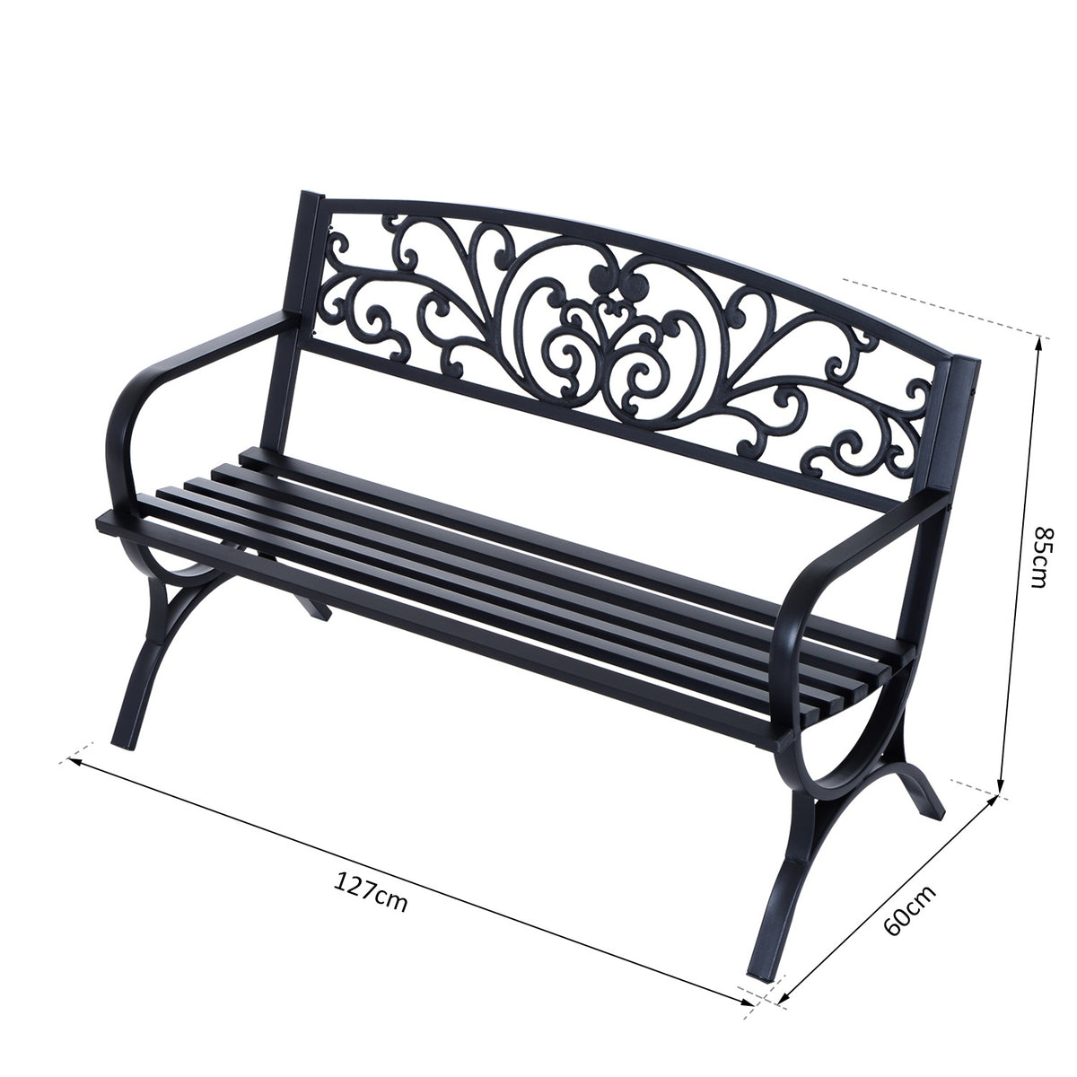 Garden Bench Metal Bench, 2-Seater, Black, 127X60X85 Cm