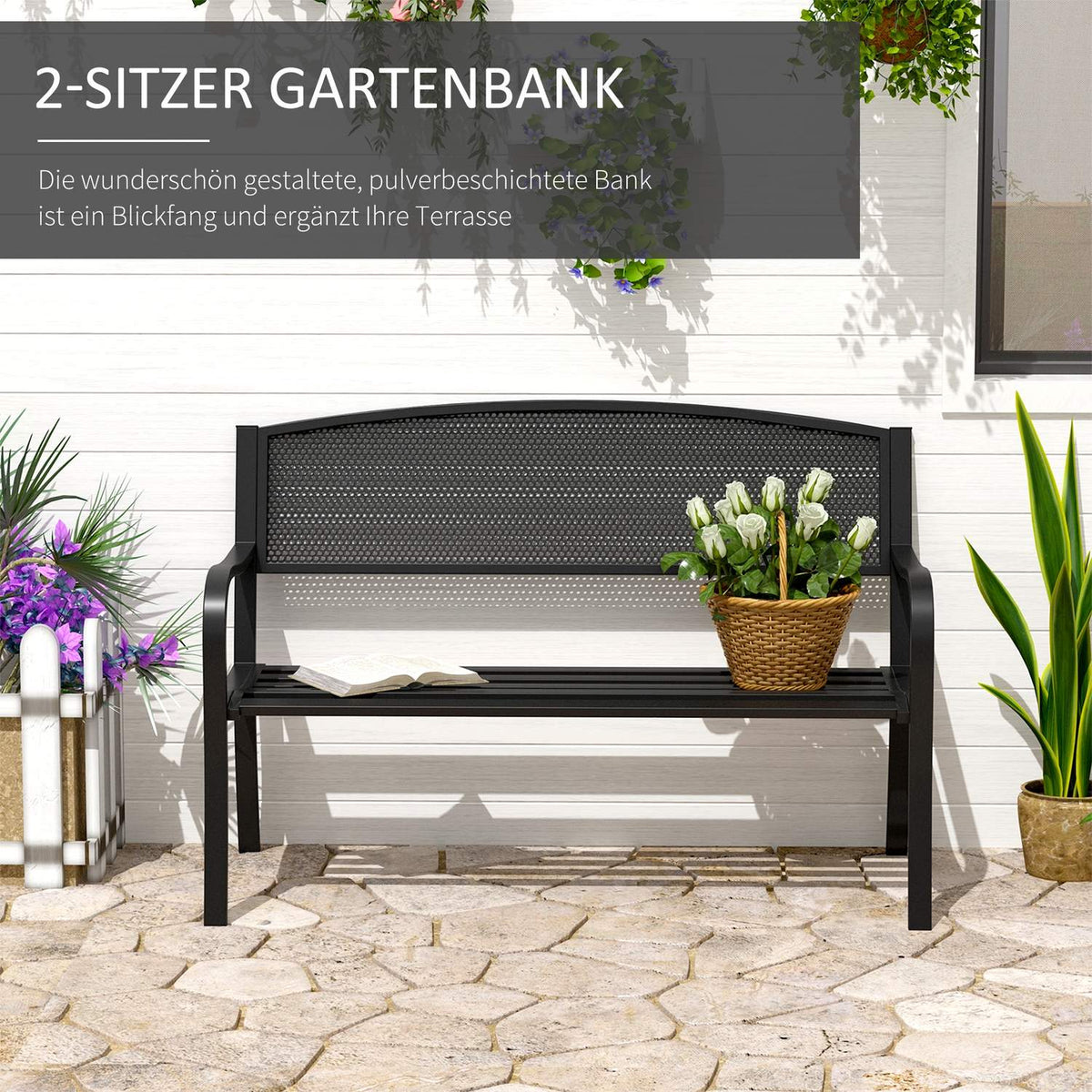Garden Bench Park Bench 2-Seater Garden Steel Black W127 X D60 X H87Cm
