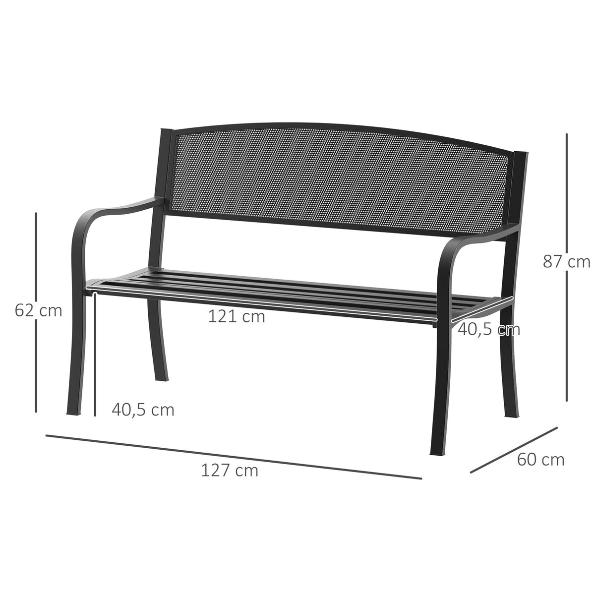 Garden Bench Park Bench 2-Seater Garden Steel Black W127 X D60 X H87Cm