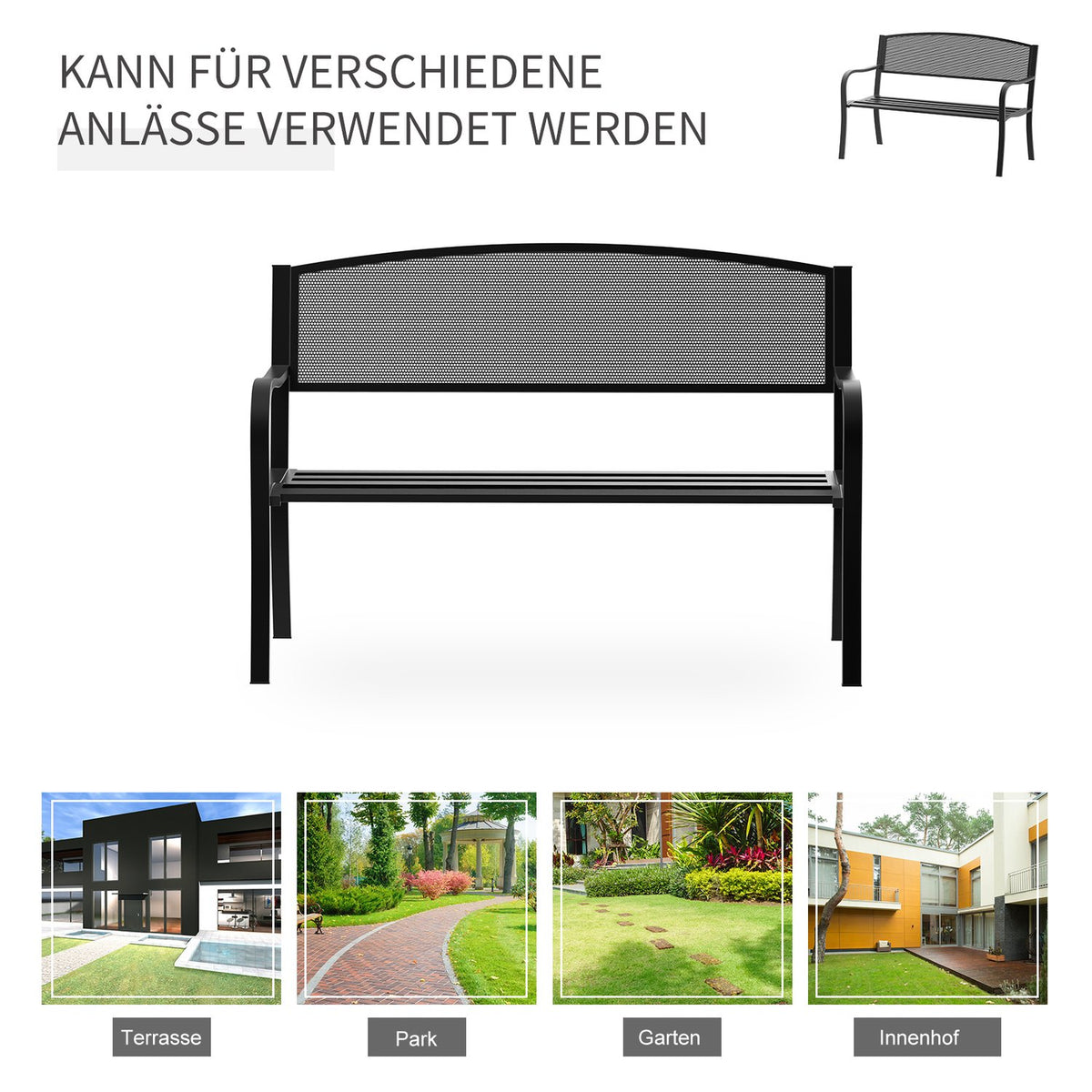 Garden Bench Park Bench 2-Seater Garden Steel Black W127 X D60 X H87Cm