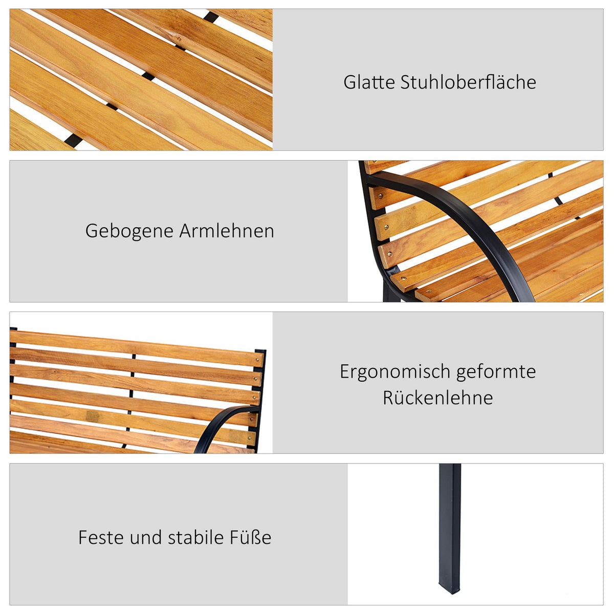 Garden Bench Park Bench 2-Seater Garden Steel + Natural Pine Wood W122 X D60 X H83 Cm