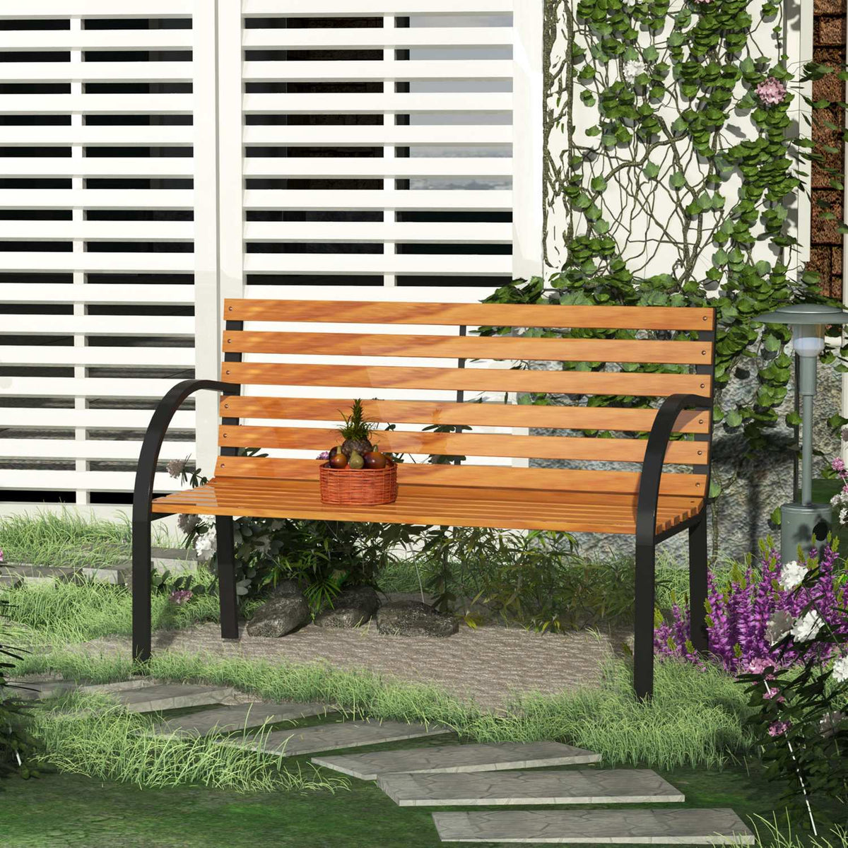 Garden Bench Park Bench 2-Seater Garden Steel + Natural Pine Wood W122 X D60 X H83 Cm
