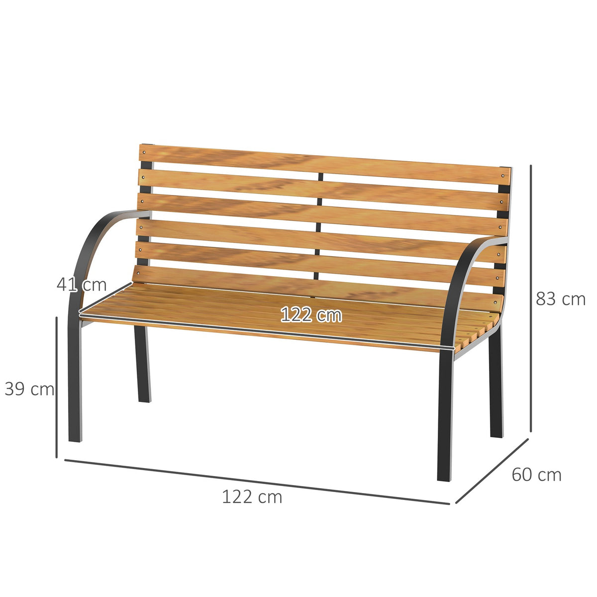 Garden Bench Park Bench 2-Seater Garden Steel + Natural Pine Wood W122 X D60 X H83 Cm