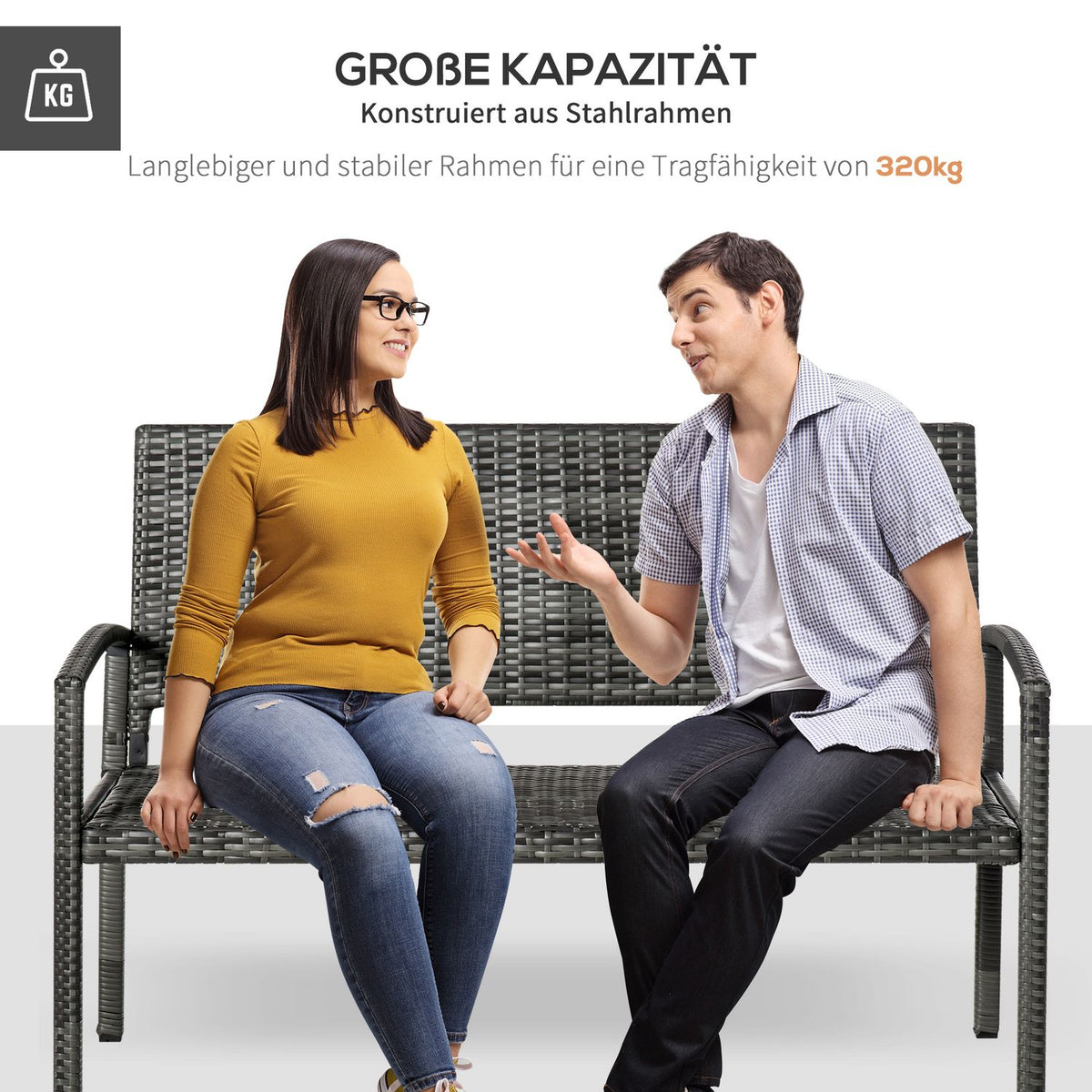Garden Bench, Rattan Look Bench, Park Bench With Steel Frame, Balcony Bench For 2 People, Garden Furniture, Load Capacity Up To 320 Kg, Grey