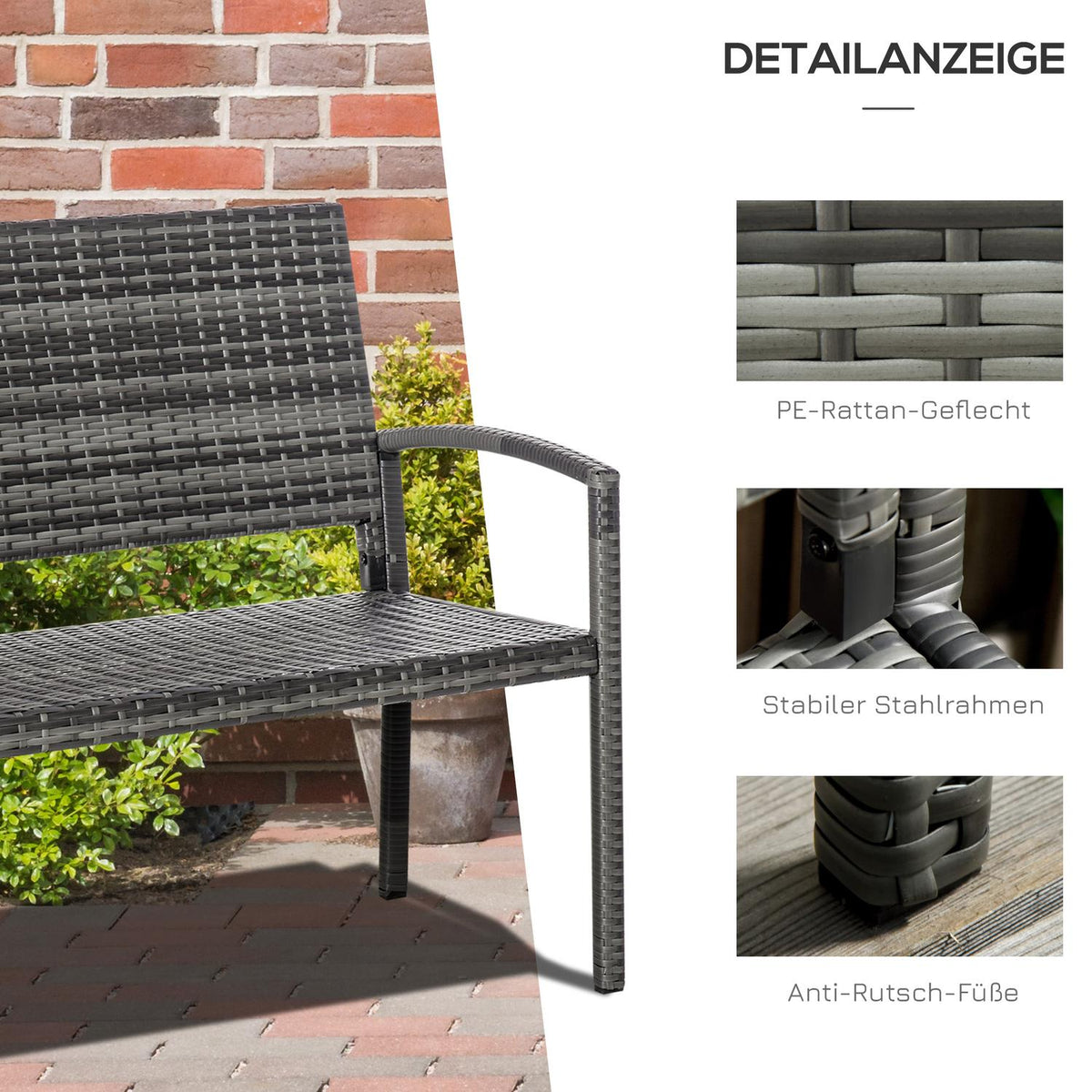 Garden Bench, Rattan Look Bench, Park Bench With Steel Frame, Balcony Bench For 2 People, Garden Furniture, Load Capacity Up To 320 Kg, Grey
