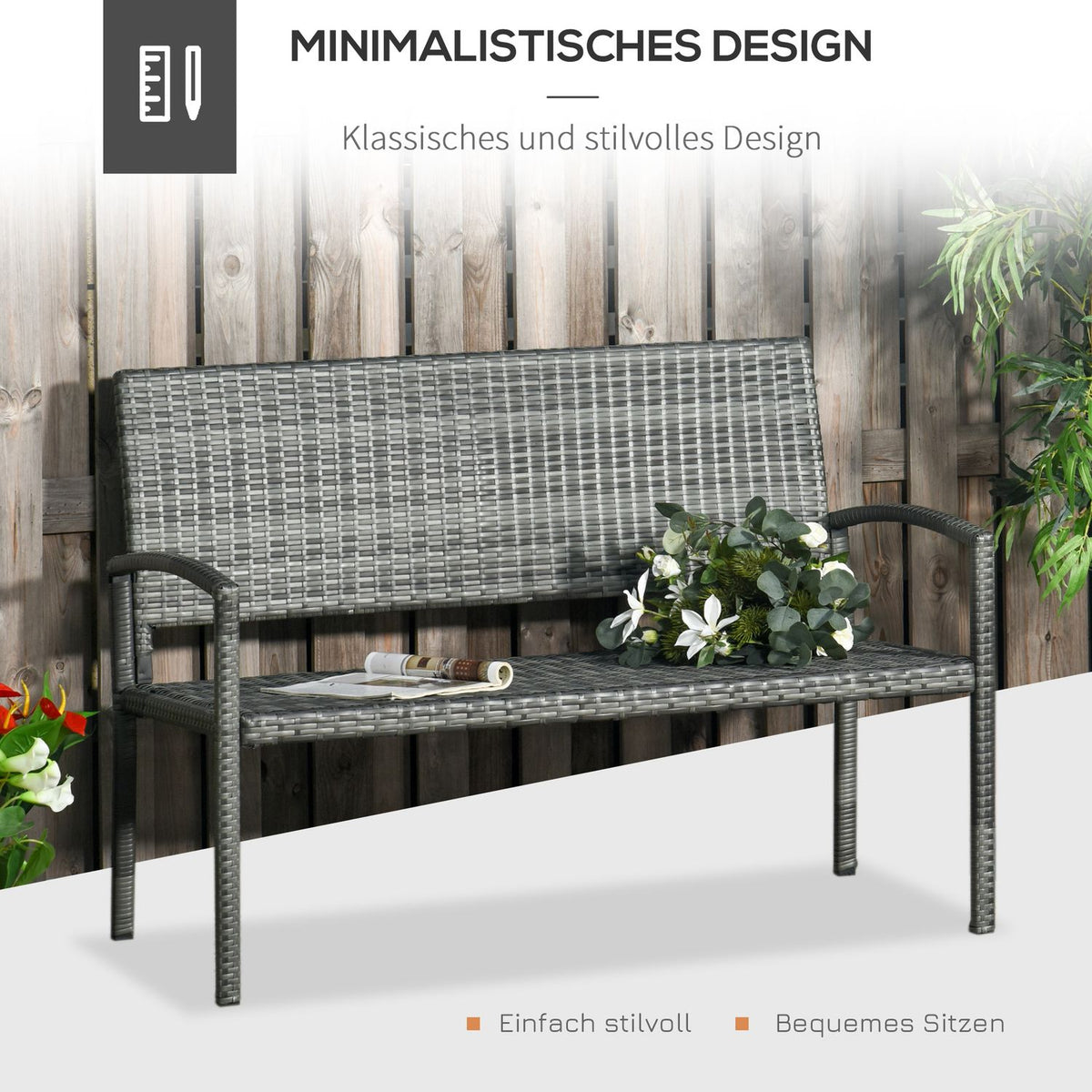 Garden Bench, Rattan Look Bench, Park Bench With Steel Frame, Balcony Bench For 2 People, Garden Furniture, Load Capacity Up To 320 Kg, Grey