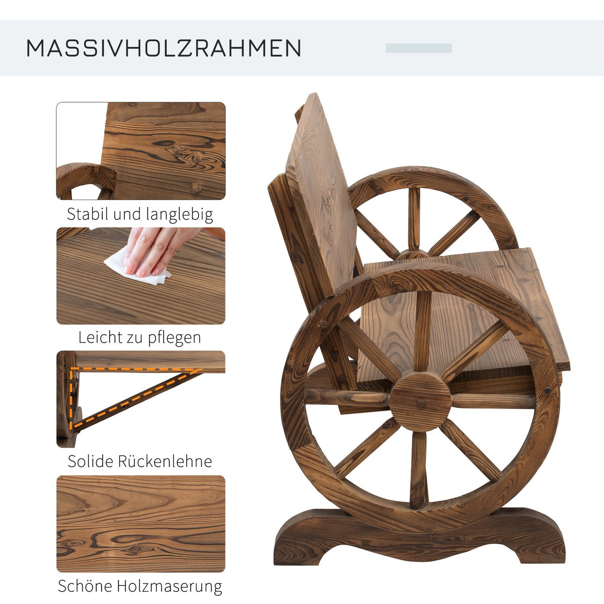 Garden Bench With Armrests, Wagon Wheels Design Bench, Garden Furniture, Rustic Bench, Solid Wood, Brown, 114 X 58 X 80 Cm