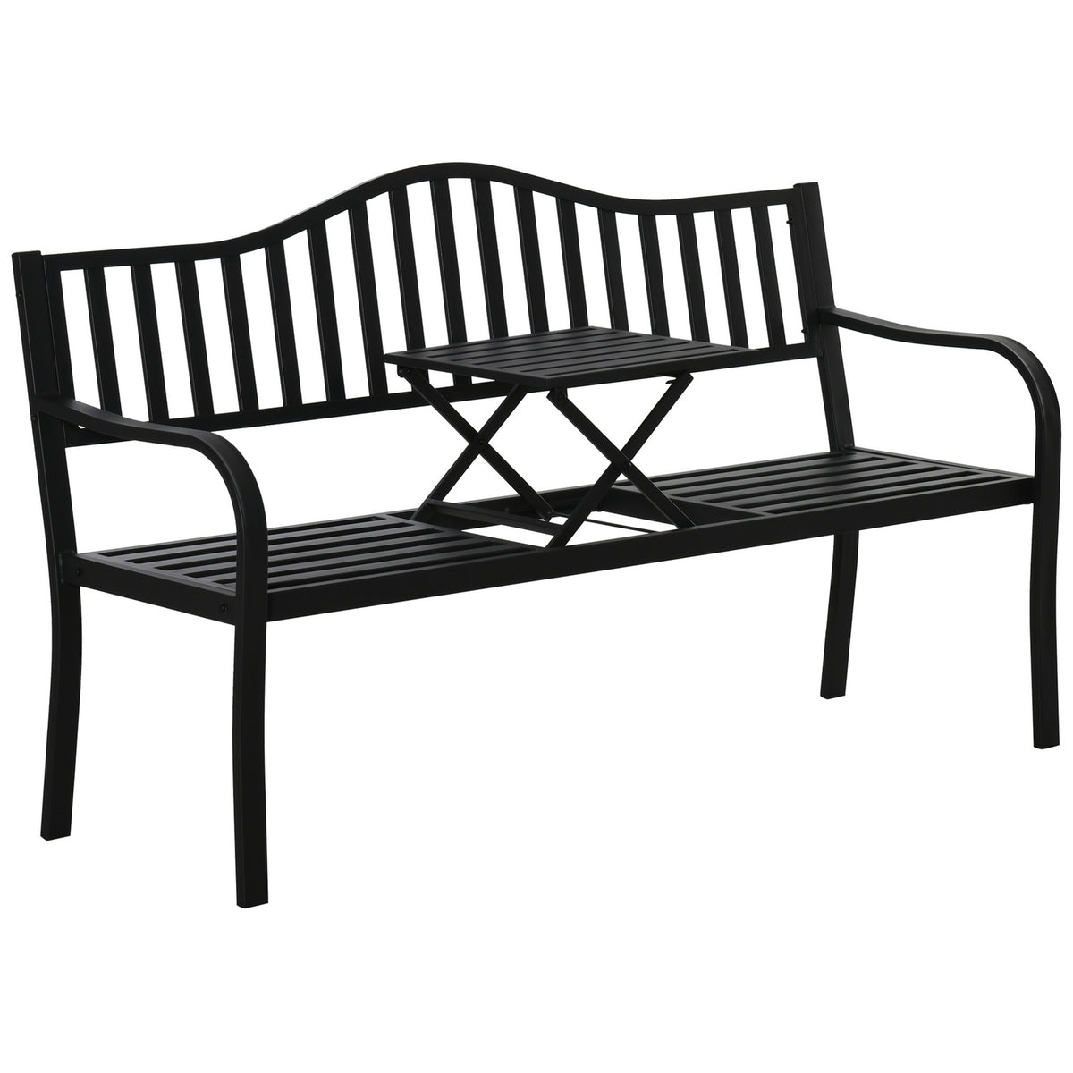 Garden Bench With Extendable Table For 2-3 People, Park Bench Made Of Metal, Bench, Patio Bench, Garden Furniture, Black, 150 X 58.5 X 90 Cm