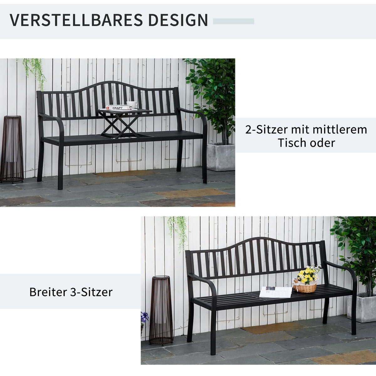 Garden Bench With Extendable Table For 2-3 People, Park Bench Made Of Metal, Bench, Patio Bench, Garden Furniture, Black, 150 X 58.5 X 90 Cm