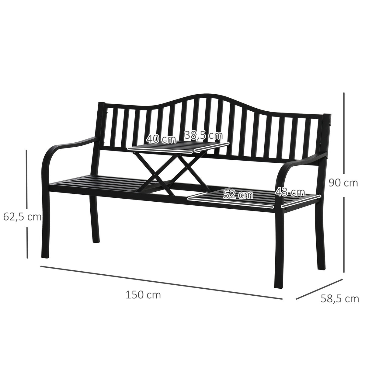 Garden Bench With Extendable Table For 2-3 People, Park Bench Made Of Metal, Bench, Patio Bench, Garden Furniture, Black, 150 X 58.5 X 90 Cm