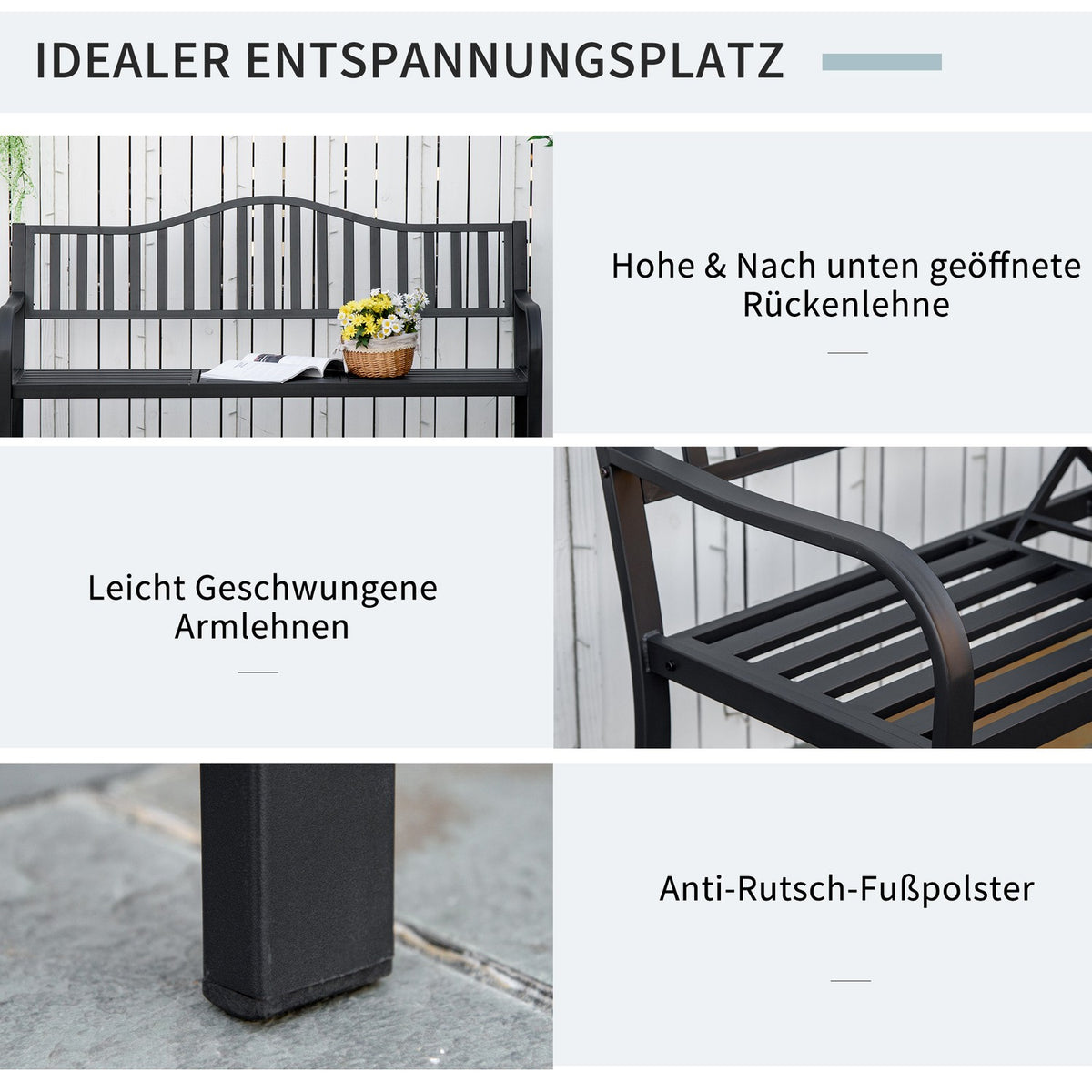 Garden Bench With Extendable Table For 2-3 People, Park Bench Made Of Metal, Bench, Patio Bench, Garden Furniture, Black, 150 X 58.5 X 90 Cm