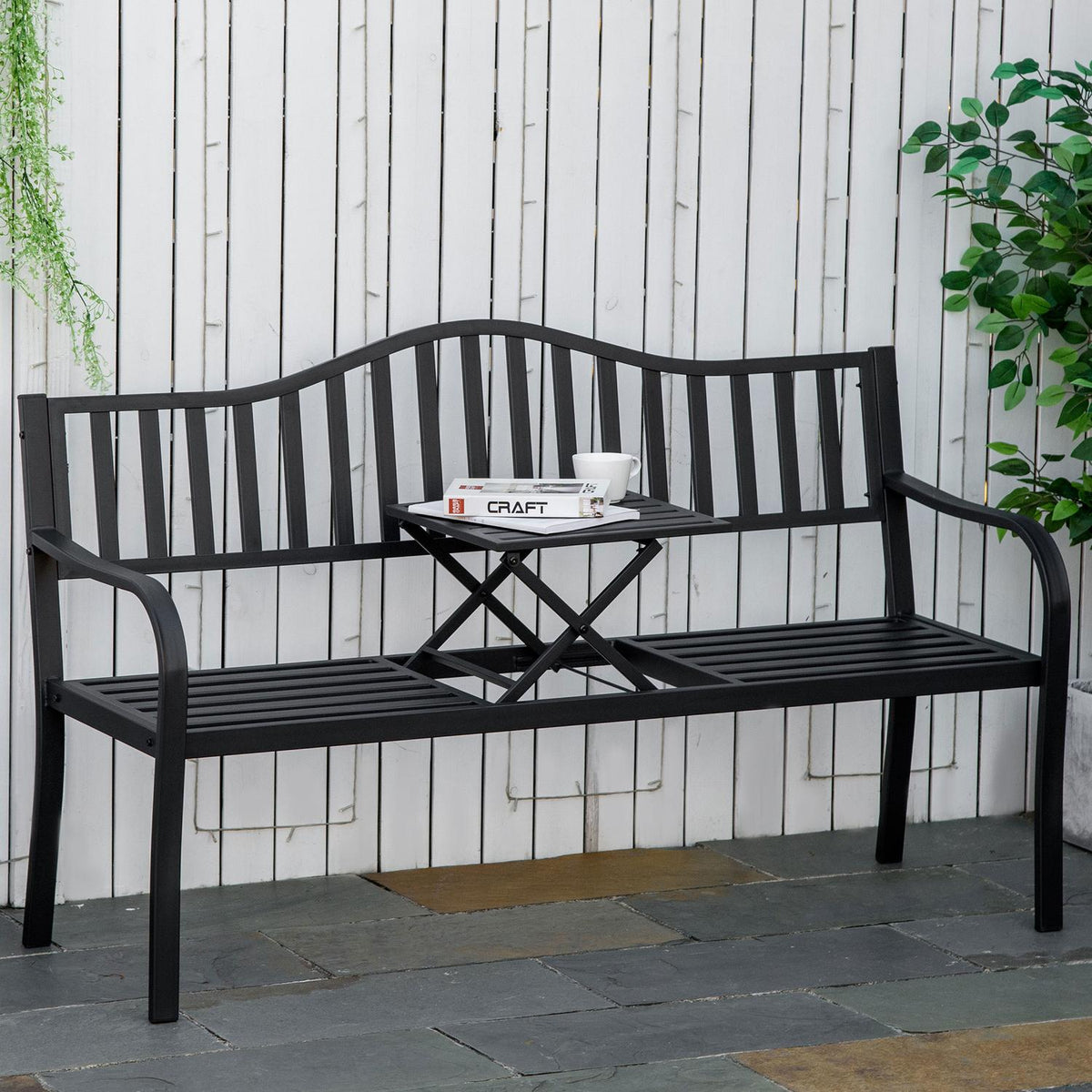 Garden Bench With Extendable Table For 2-3 People, Park Bench Made Of Metal, Bench, Patio Bench, Garden Furniture, Black, 150 X 58.5 X 90 Cm