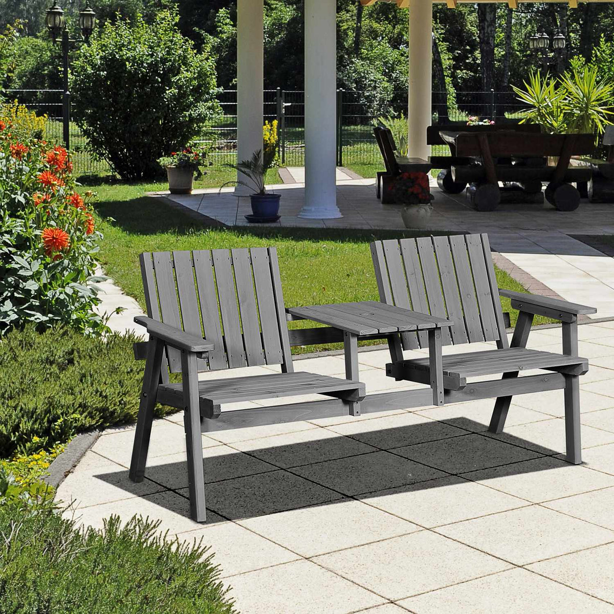 Garden Bench With Table, Seating Area, Garden Furniture, With Umbrella Hole, Bench, 2 Chairs, Solid Wood, Gray, 152 X 70 X 83 Cm