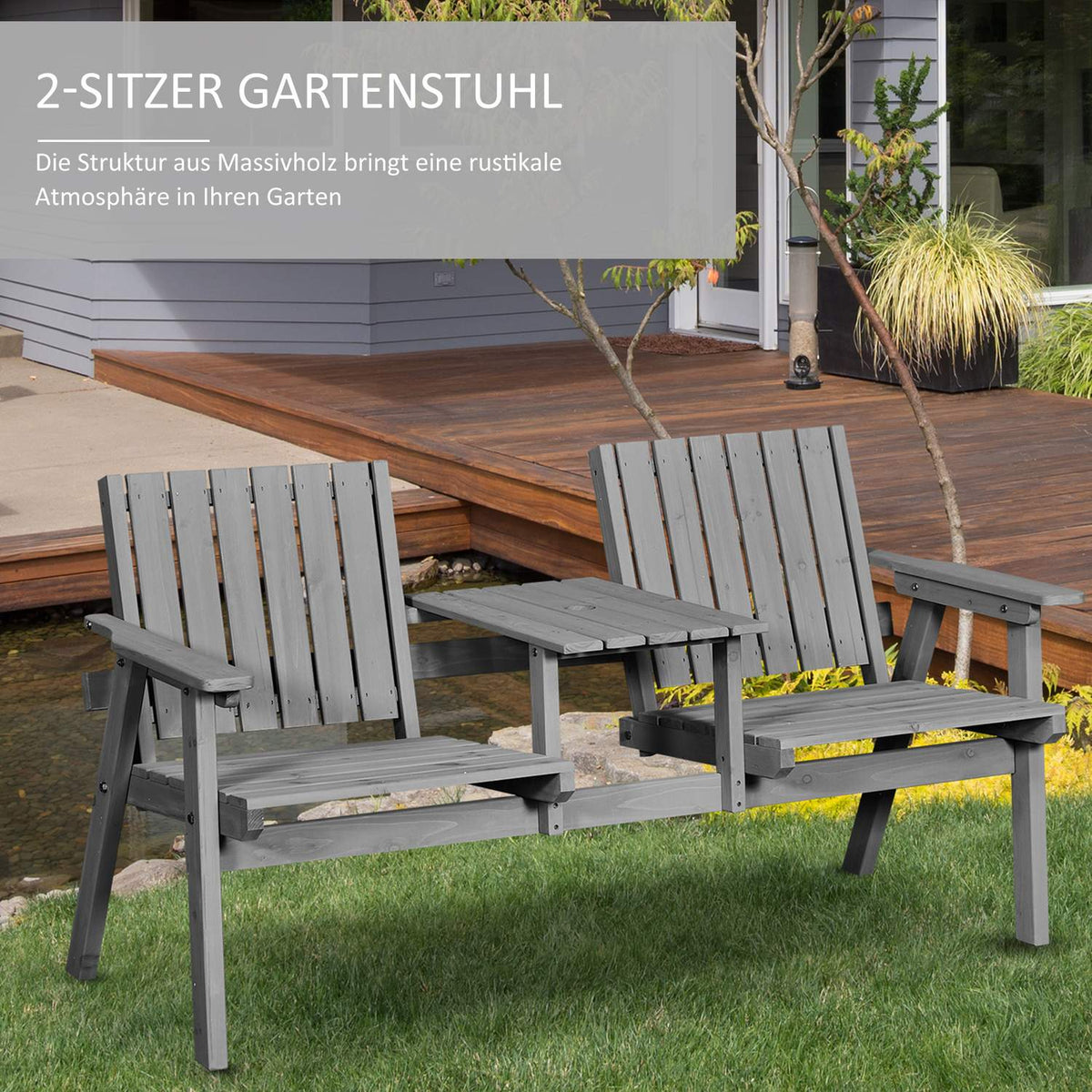 Garden Bench With Table, Seating Area, Garden Furniture, With Umbrella Hole, Bench, 2 Chairs, Solid Wood, Gray, 152 X 70 X 83 Cm