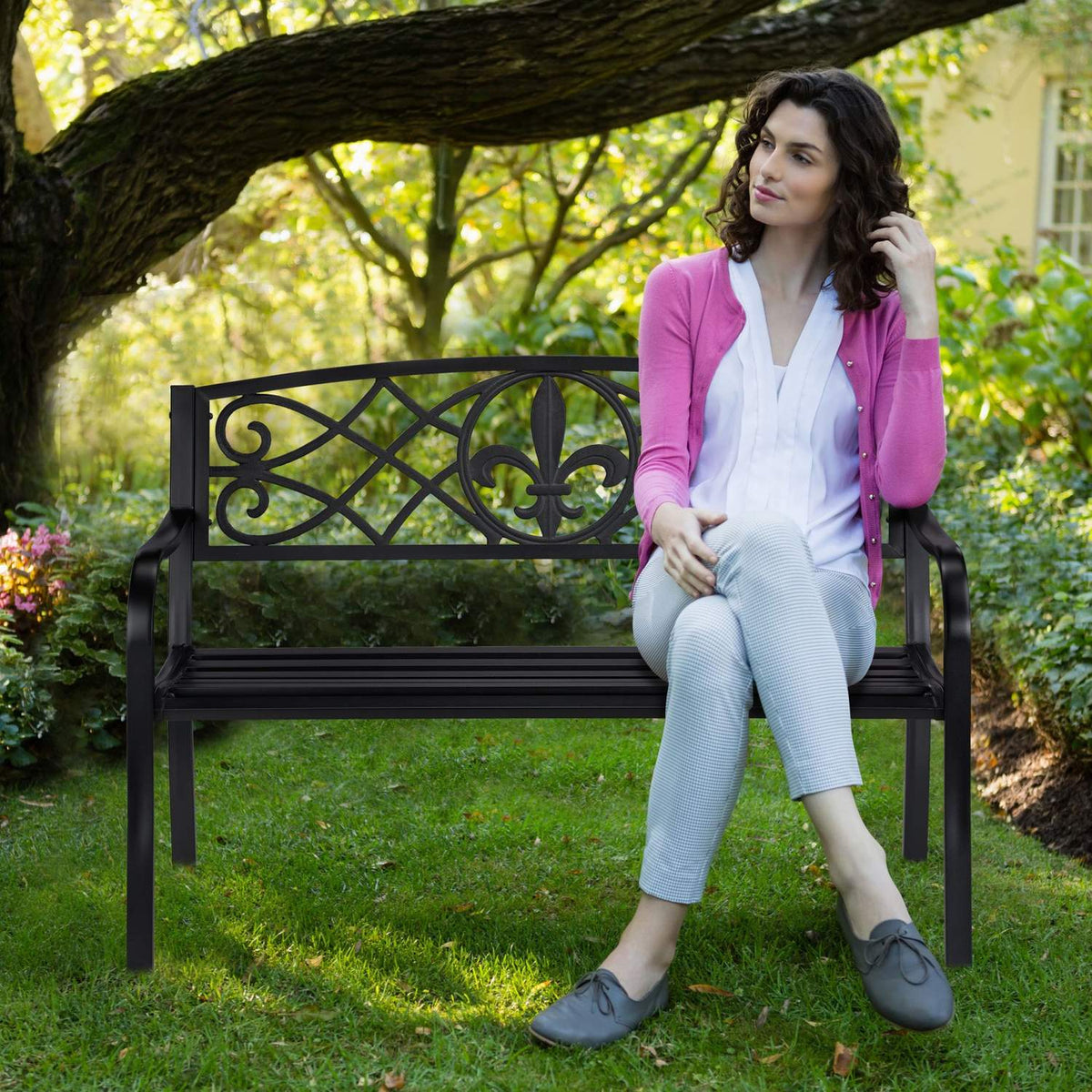 Garden Bench with Fleur de Lis Backrest, Black Metal