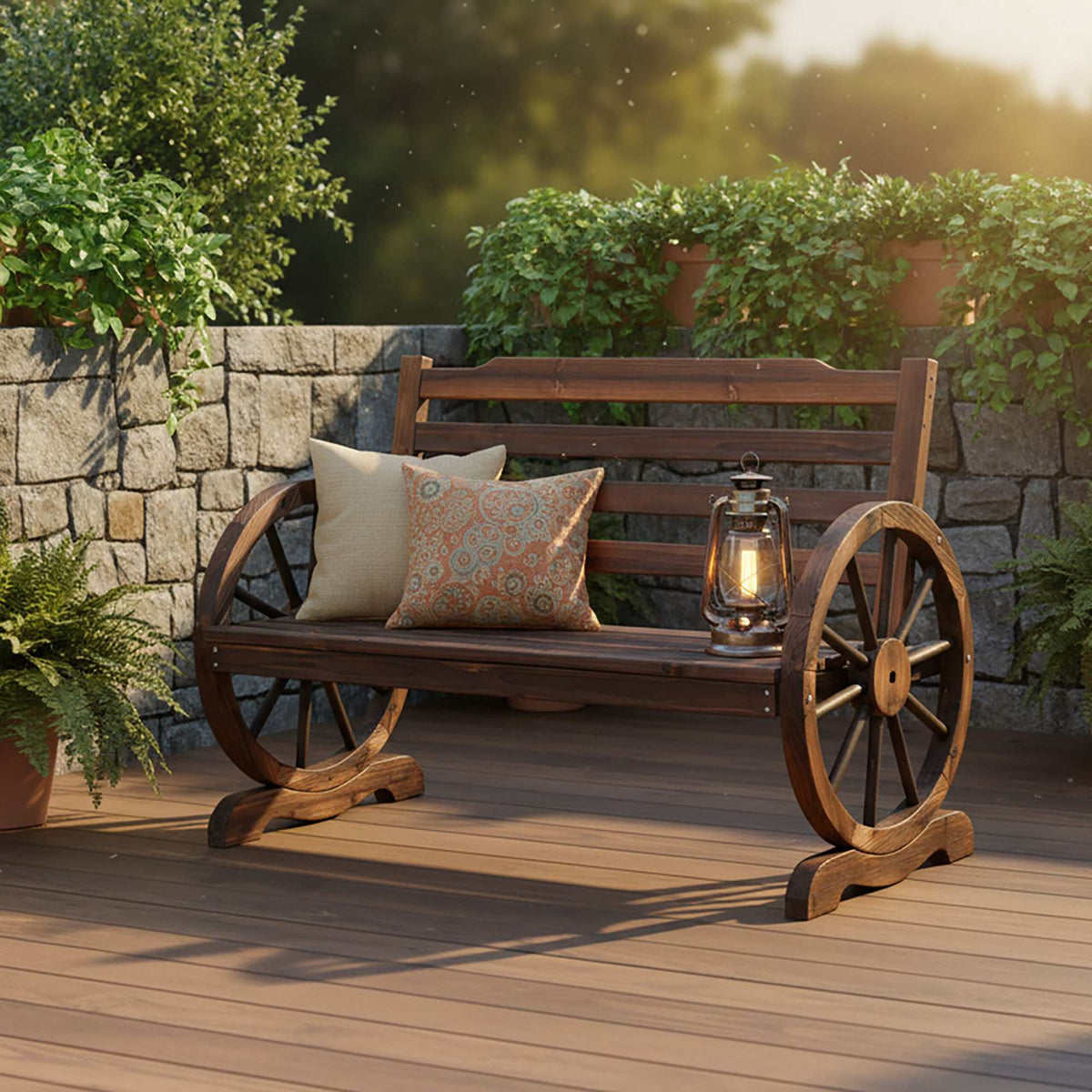 Garden Bench with Wagon Wheel Armrests, 2-Seater